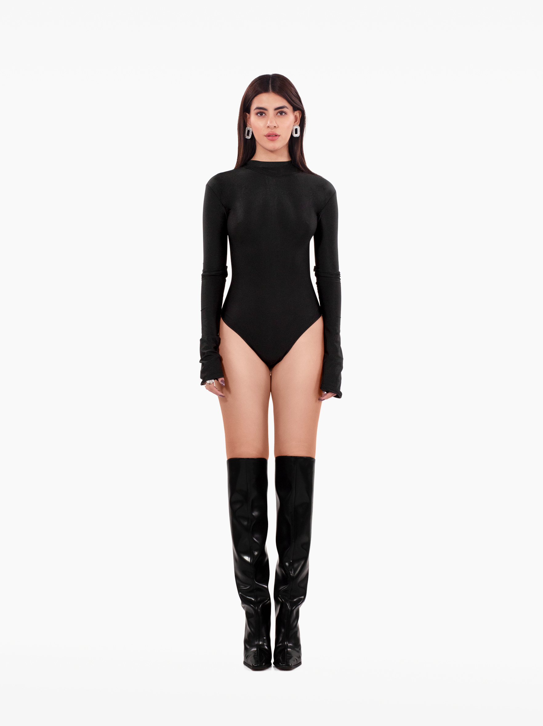 downtown bodysuit - black full sleeve bodysuit, high-neck, zip up top, wardrobe basics by SOLÉITE
