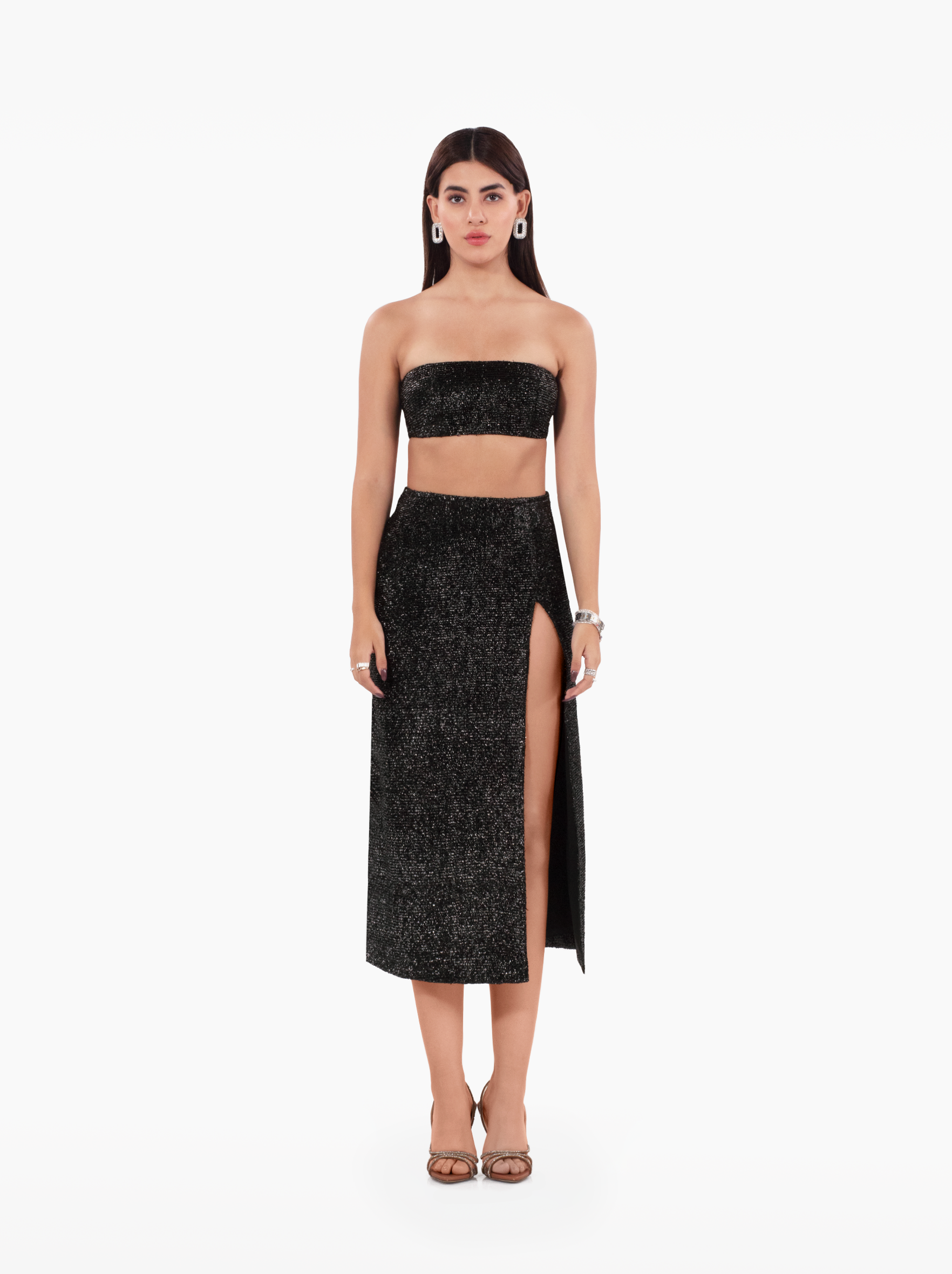 made you look skirt - silver black glitter shimmer party midi skirt with side slit, high waisted skirt for birthday, parties, cocktail by SOLÉITE