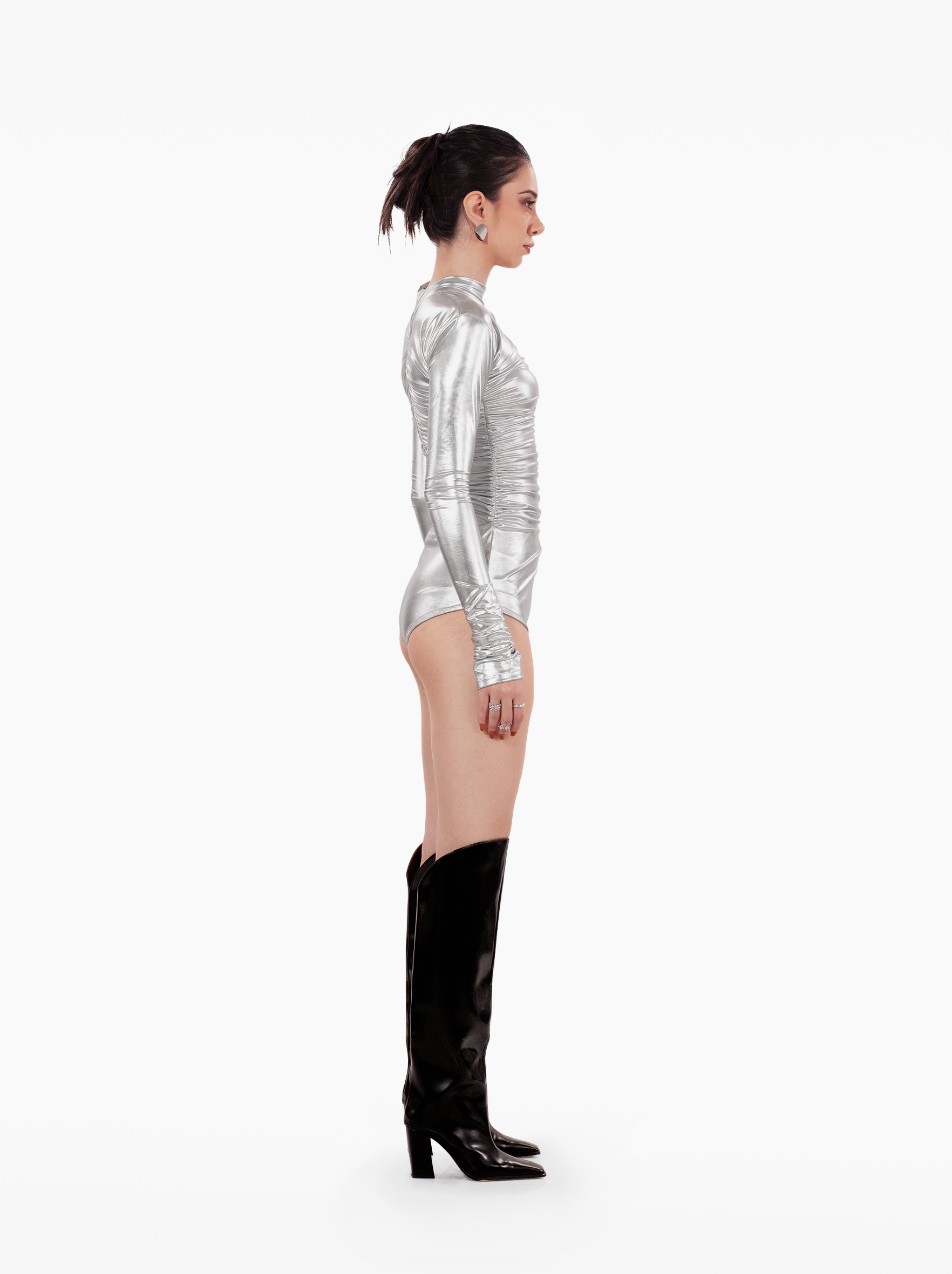 electric love bodysuit - ruched silver top with gathers, full sleeve metallic bodysuit, party, fashion top by SOLÉITE