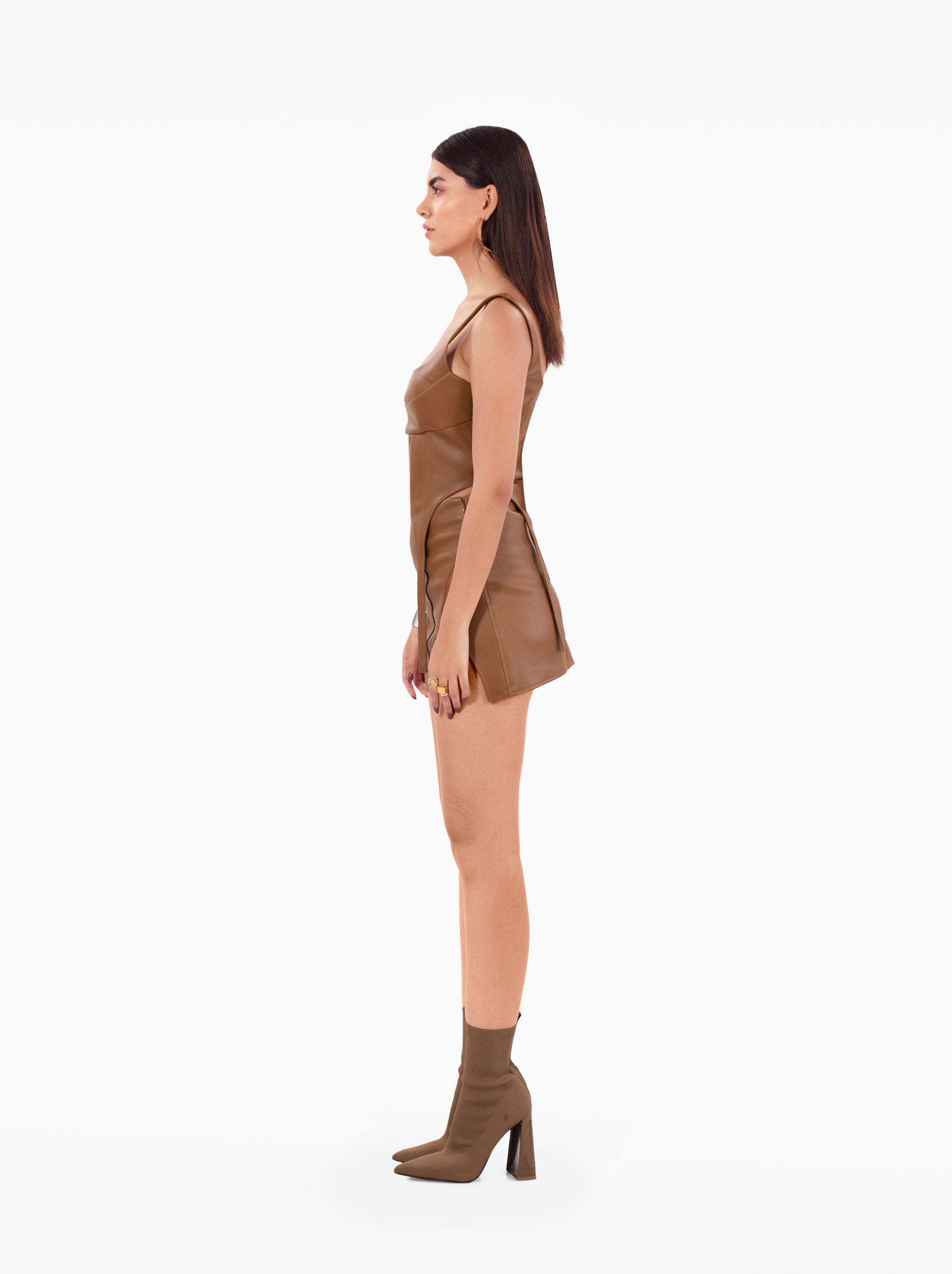 build a bitch skirt - brown faux leather u-cut with panels and asymmetric hem by SOLÉITE