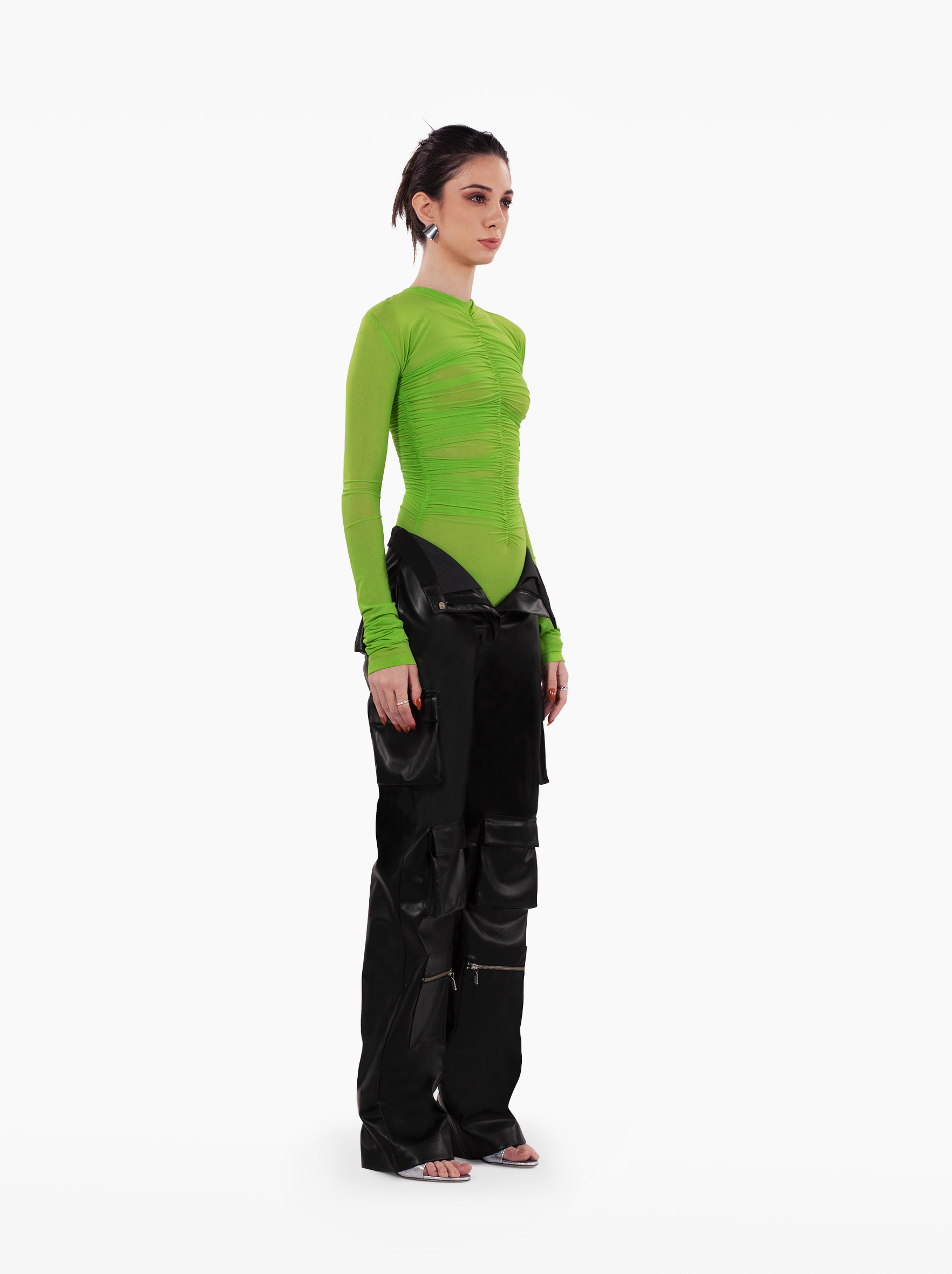 streets bodysuit - ruched green top with gathers, full sleeve sheer bodysuit, streetwear, fashion by SOLÉITE