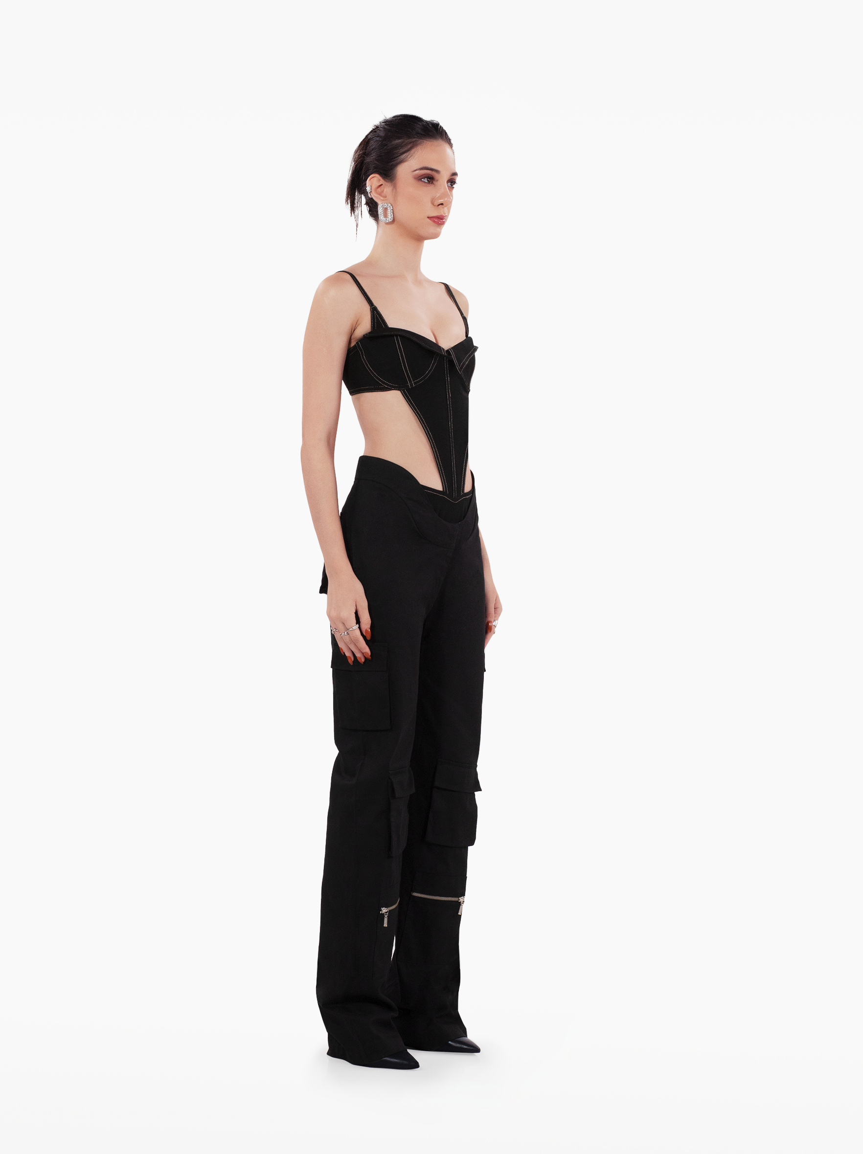 ginsing strip bodysuit - sleeveless black cutout denim bodysuit top with open back and double exposed seams by SOLÉITE