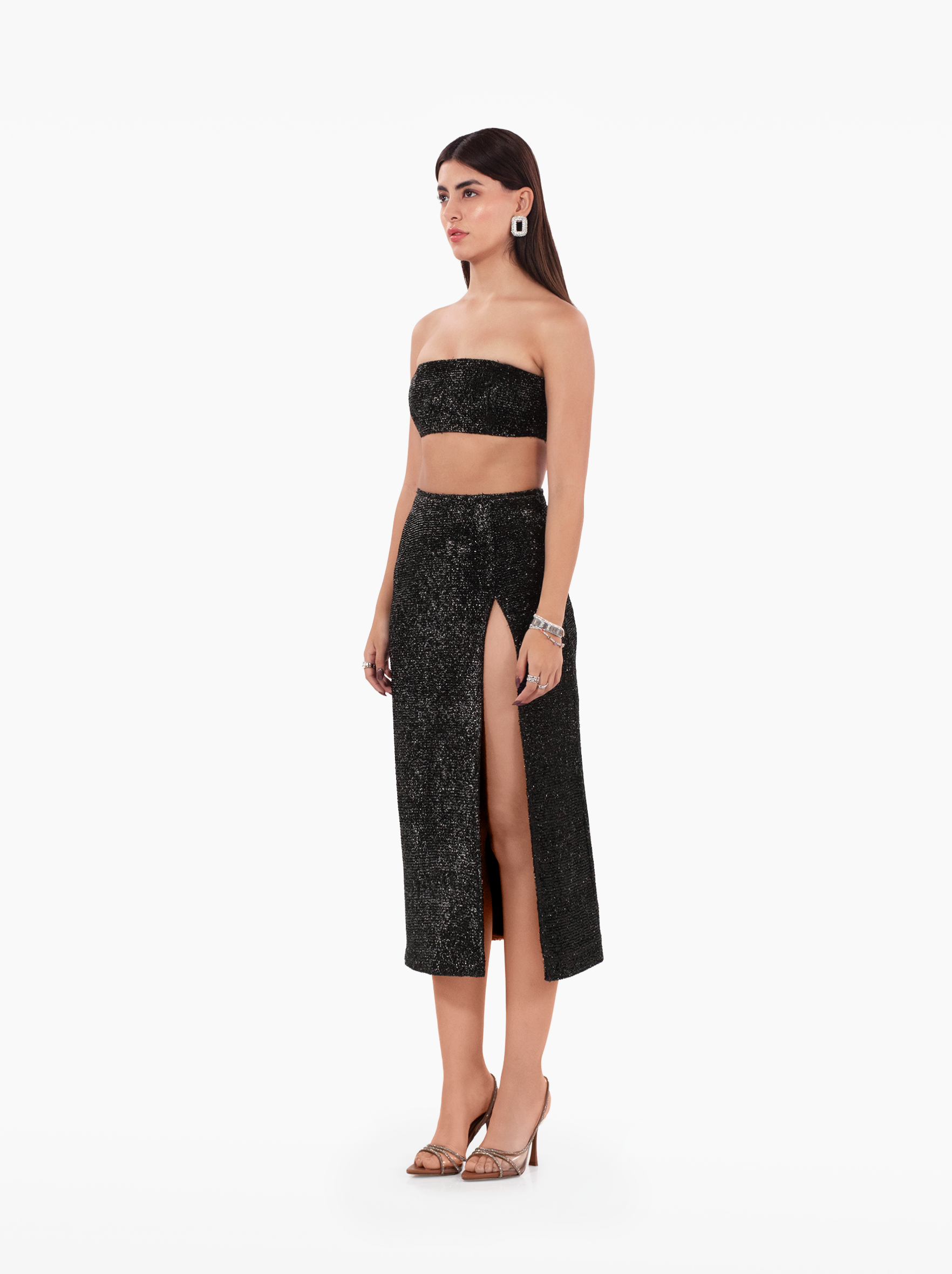 made you look skirt - silver black glitter shimmer party midi skirt with side slit, high waisted skirt for birthday, parties, cocktail by SOLÉITE