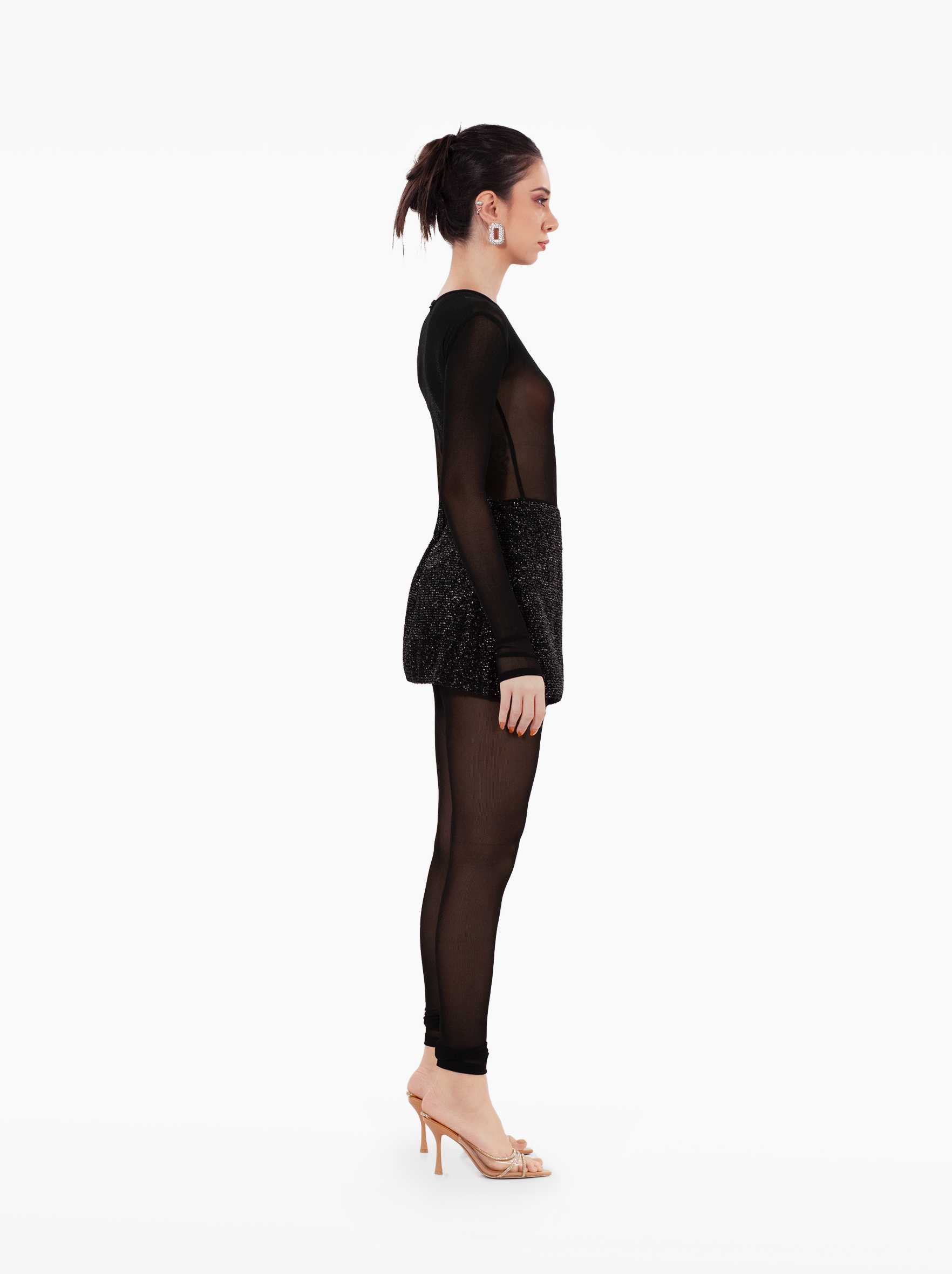 talking body jumpsuit - sheer black catsuit with long sleeves, slender legs, and a classic round neckline by SOLÉITE