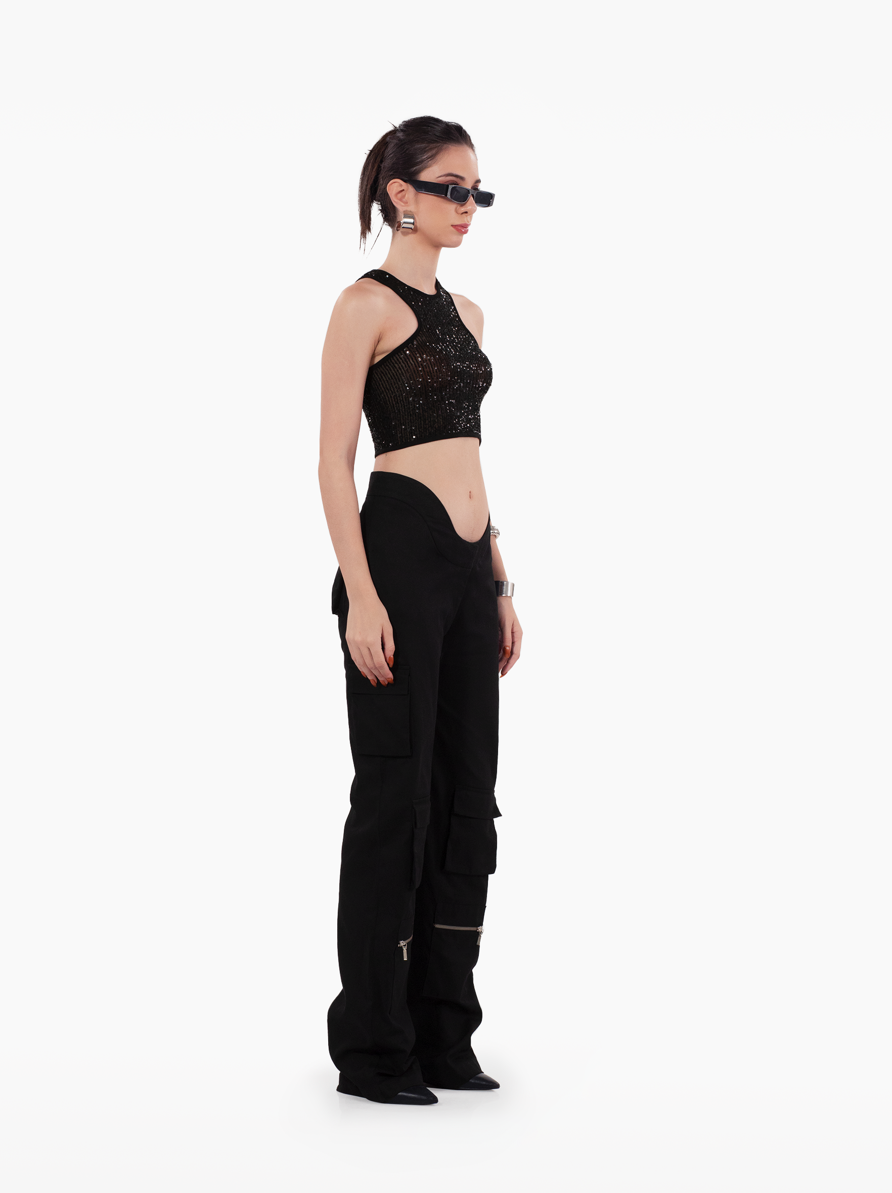 stargirl top - sheer black sequin tank top, glittter shimmer tank top with t-back by SOLÉITE