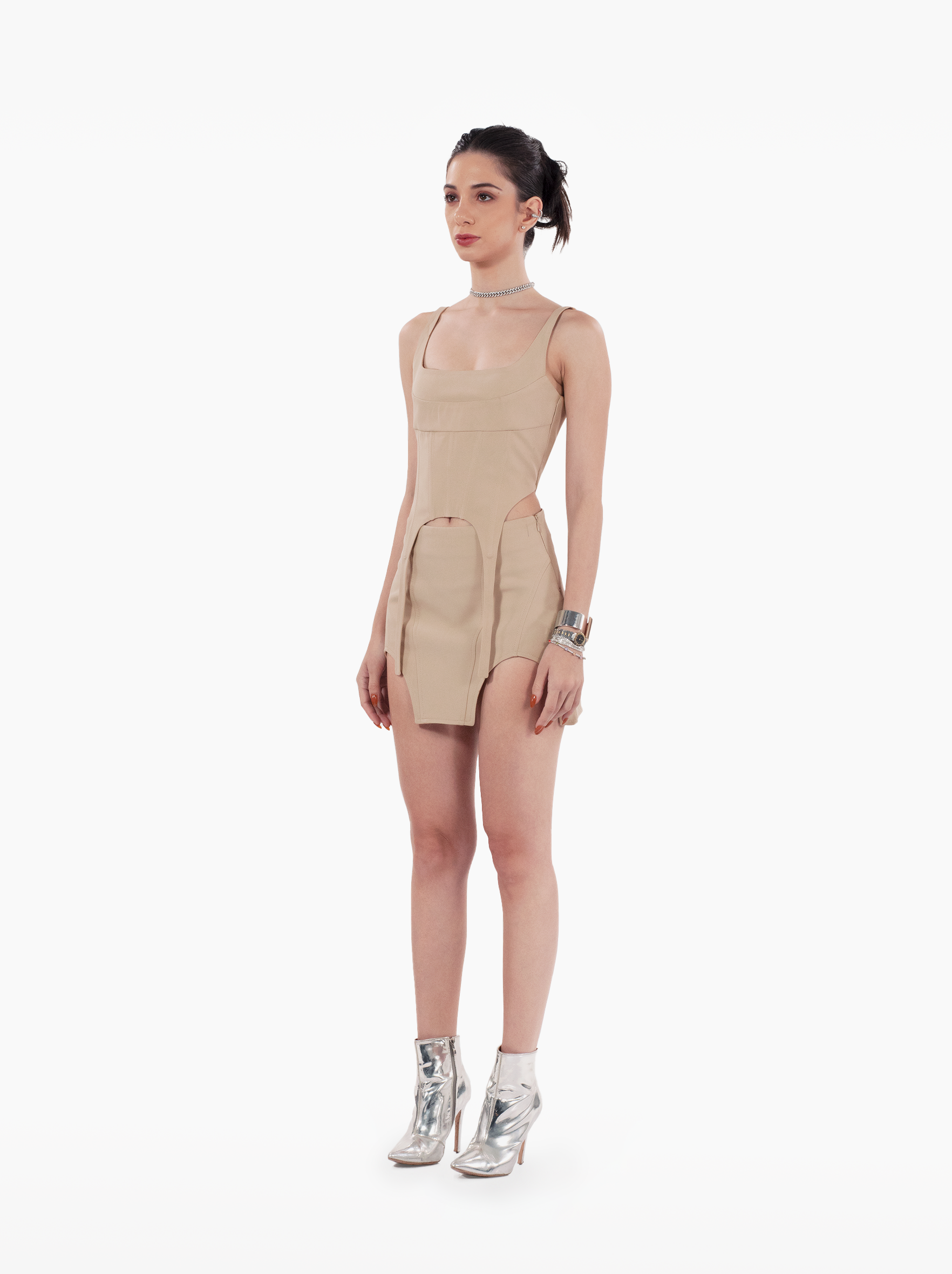 build a bitch corset - beige bustier top with panels and suspenders by SOLÉITE