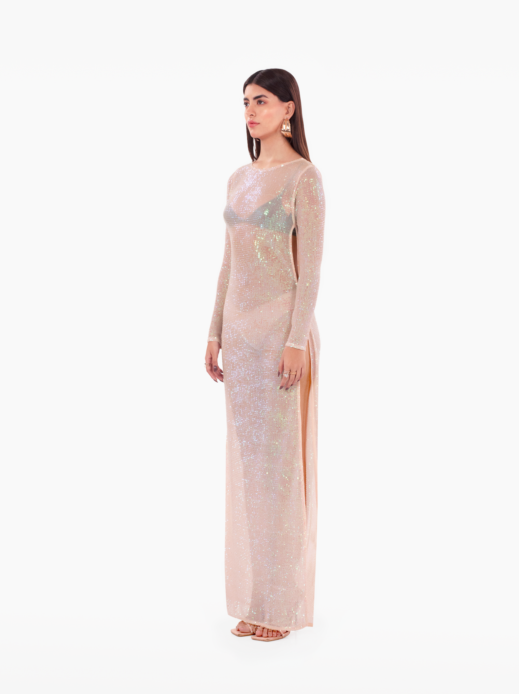 kiss me more dress - pink glitter sparkly shimmer sequin long sleeve maxi dress with side slit, sheer dress for vacation, beach coverup, birthday, event, party, statement piece by SOLÉITE