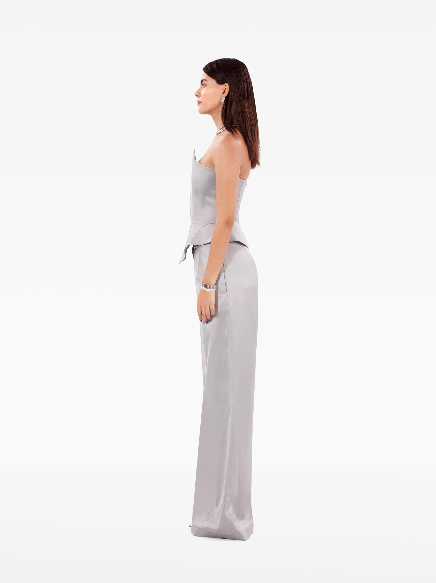 instant crush corset - silver grey satin asymmetric bustier top with a strapless design and structured boning, birthday, party, dinner, date outfit - SOLÉITE