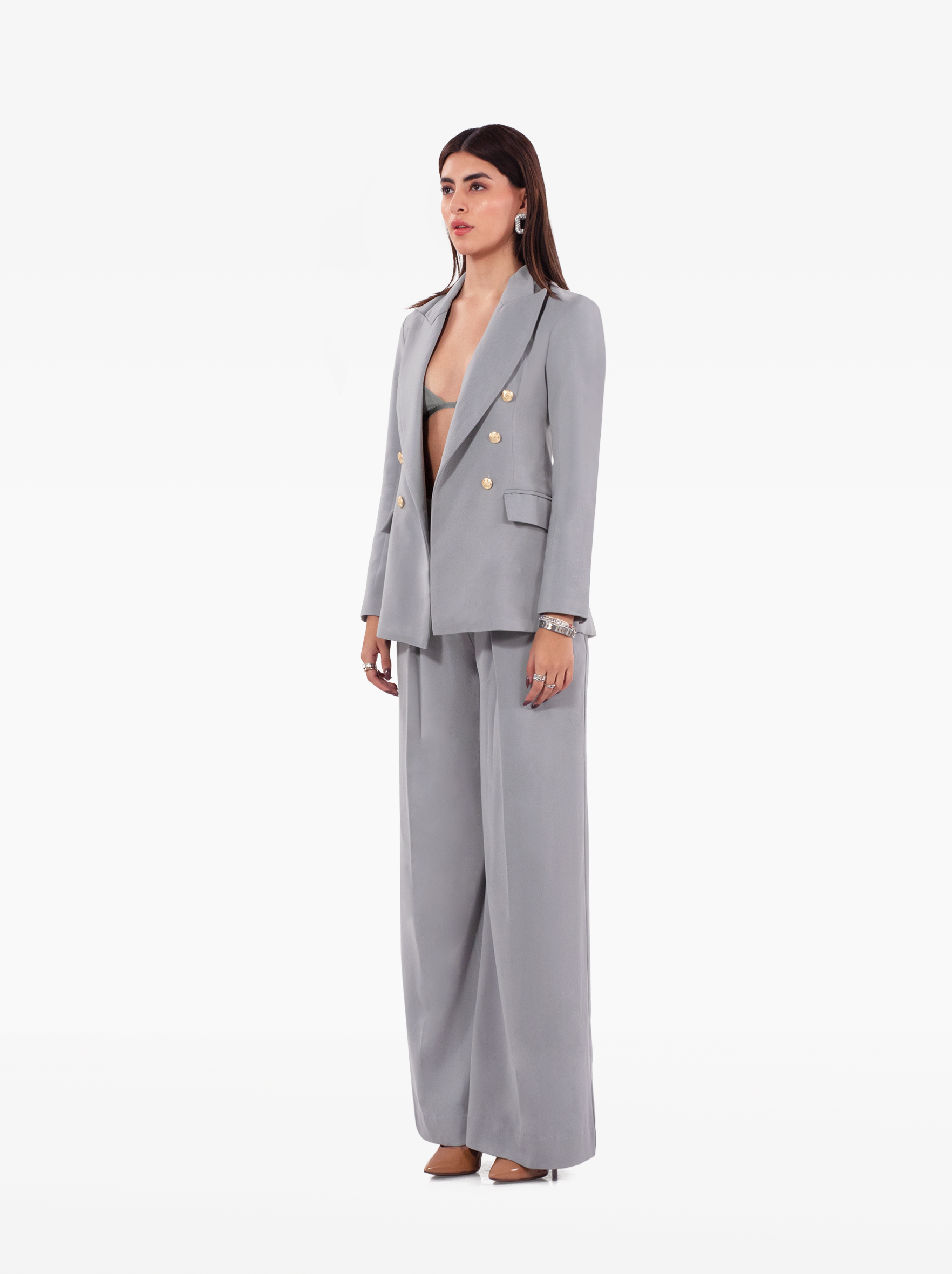 millions trousers - silver grey wide leg high-waisted trousers with front pockets, birthday, party, formal, dinner, date outfit - SOLÉITE