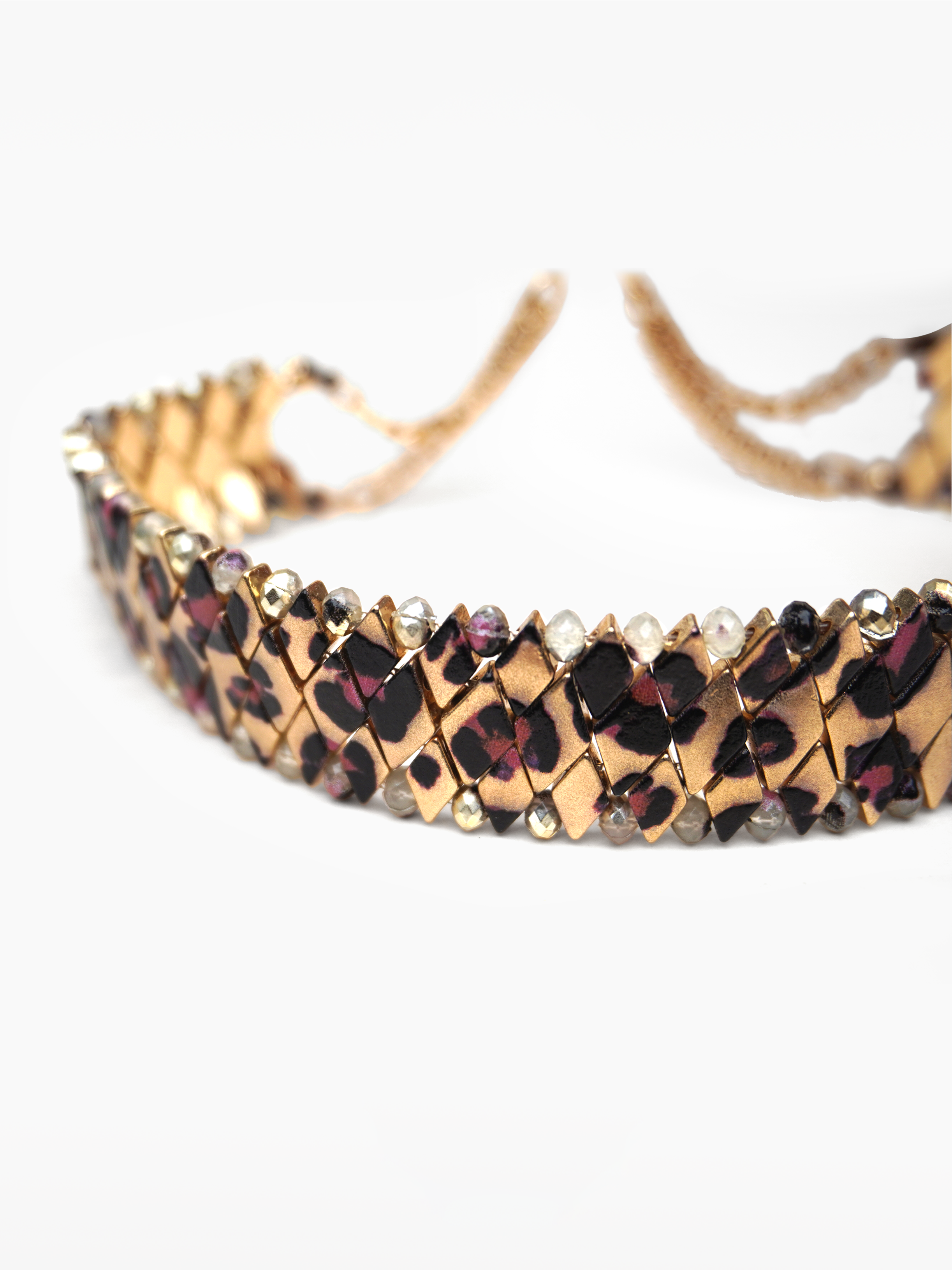 Tessara Necklace - flat metallic choker with leopard-print detailing and an adjustable clasp in the back. metallic cheetah print choker by SOLÉITE