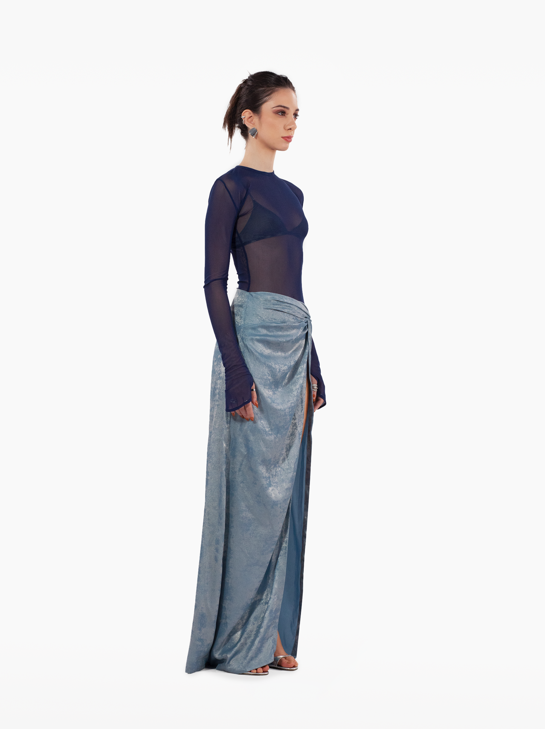 water skirt - blue mid-waist skirt draped on the hips giving way to a leg slit. lightweight, textured fabric, beach coverup, vacation outfit, sarong style skirt by SOLÉITE