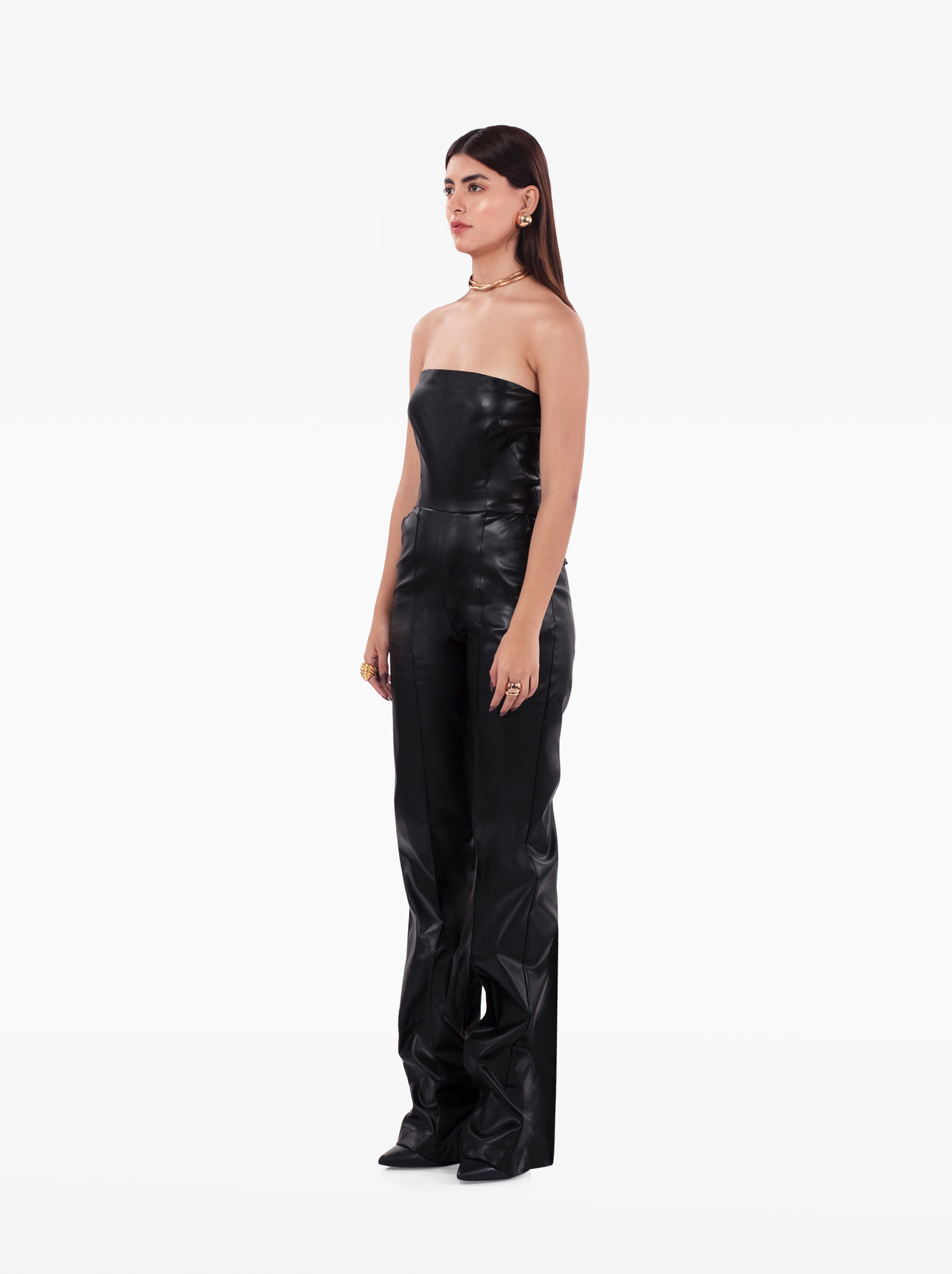 talk that talk jumpsuit - black faux leather jumpsuit with side pockets, cinched waist, strapless bandeau jumpsuit by SOLÉITE