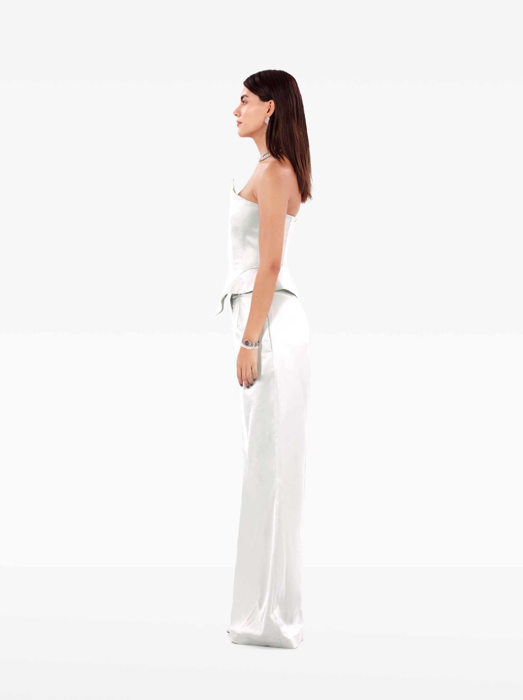 instant crush corset - white satin asymmetric bustier top with a strapless design and structured boning, birthday, party, dinner, date outfit - SOLÉITE