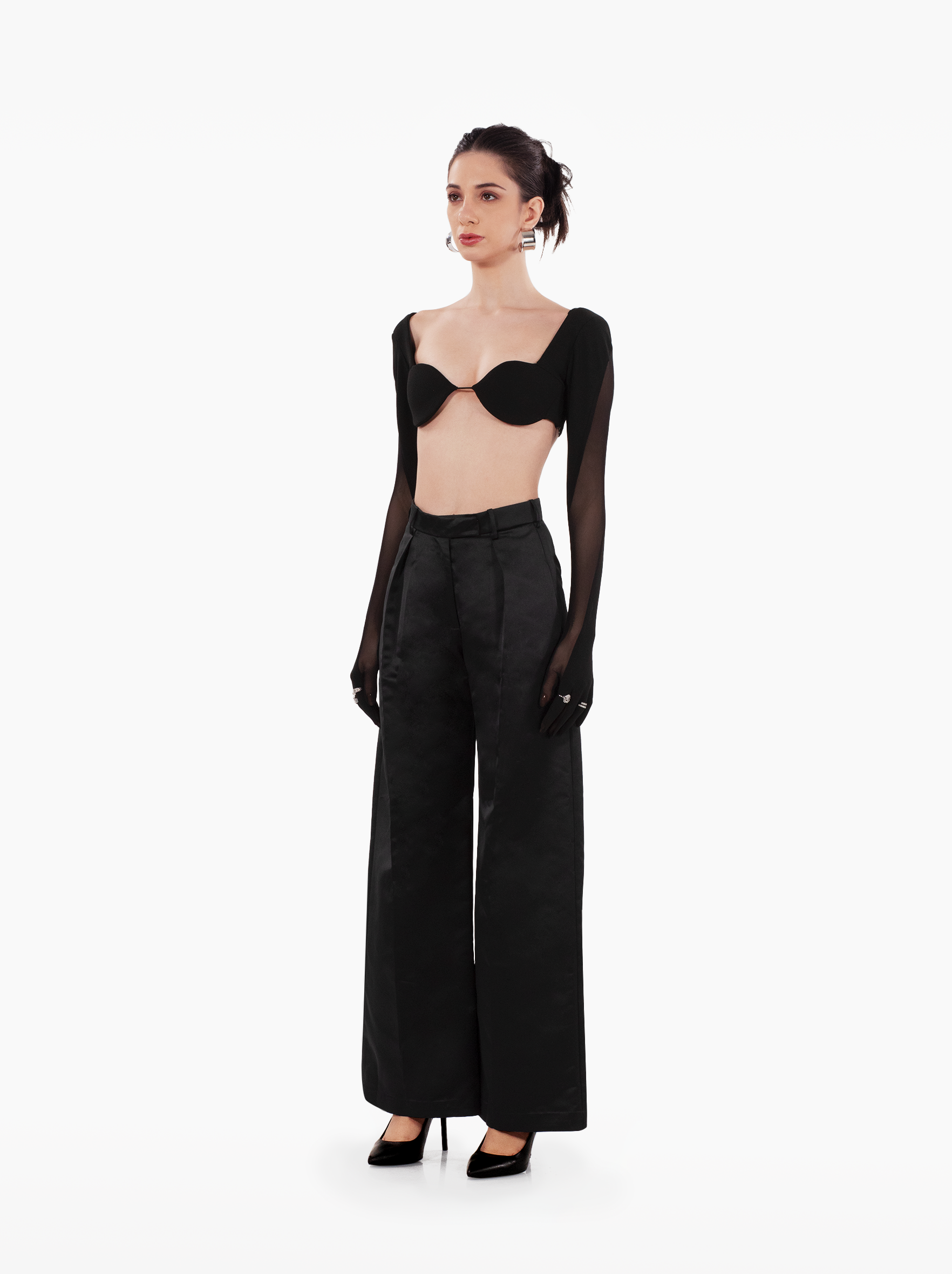 dark paradise top - black underboob full sleeve glove crop top, with rounded cups and shoulder pads by SOLÉITE