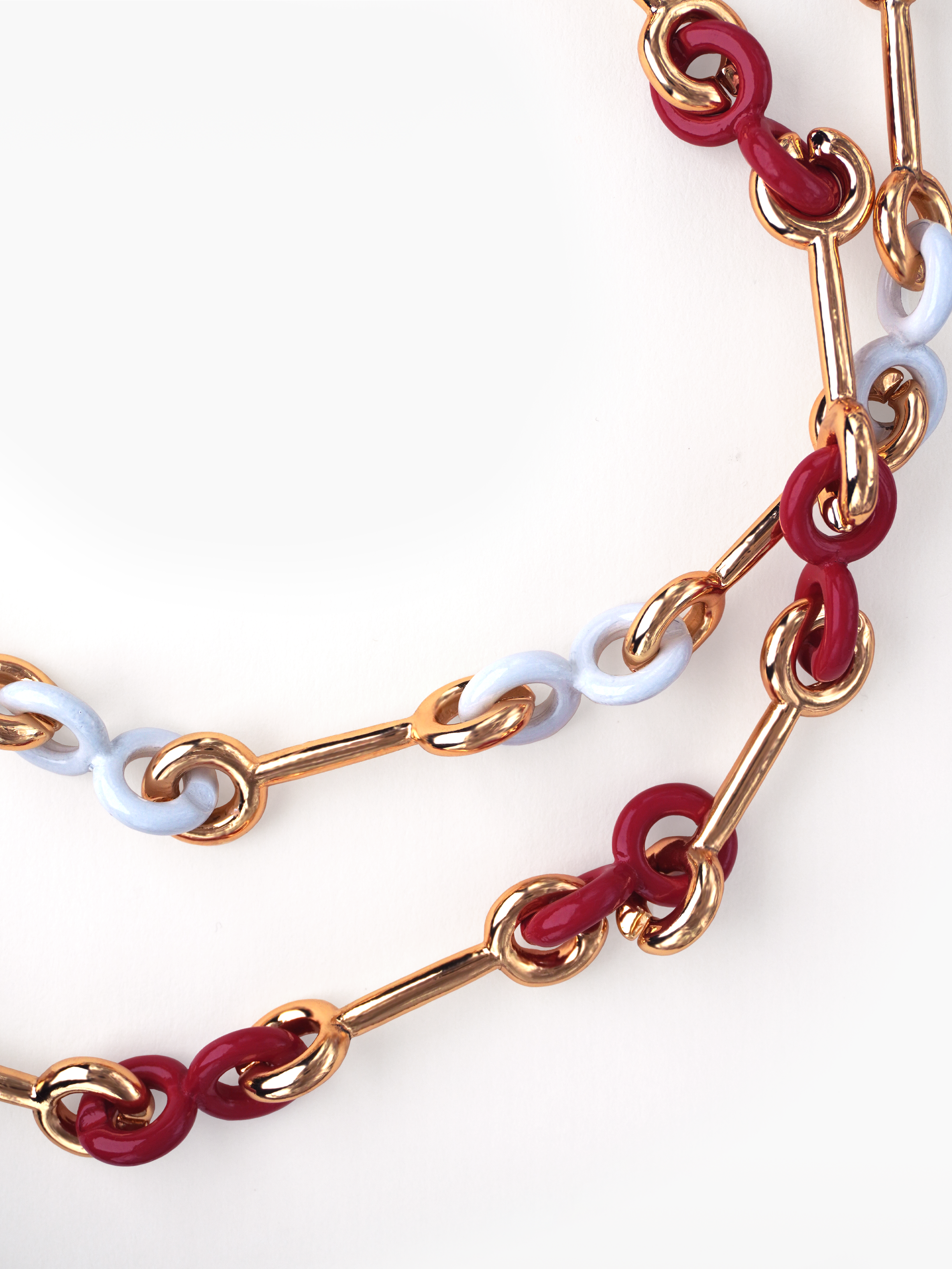 Enamelled Link Necklace - gold chain set combining a white enamel and gold bar chain with cherry red and gold bar chain. layered necklace, chunky neckpiece, statement jewelery by SOLÉITE
