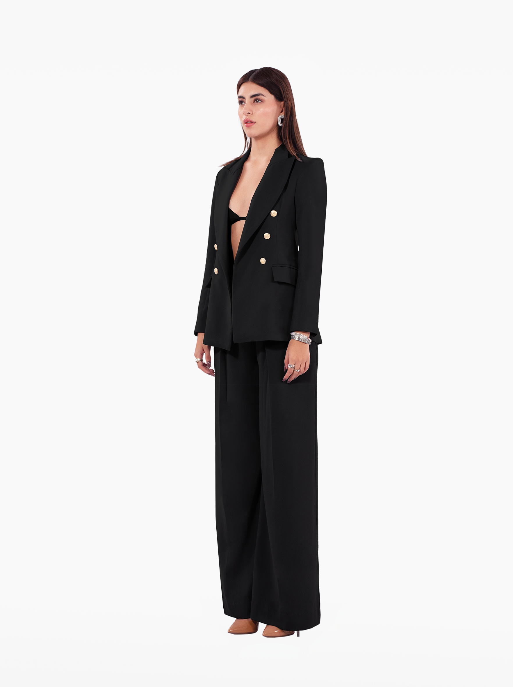 Millions Blazer - black double breasted blazer with shoulder pads, notch lapel collar and two front flap pockets, gold buttons at the front and cuffs by SOLÉITE