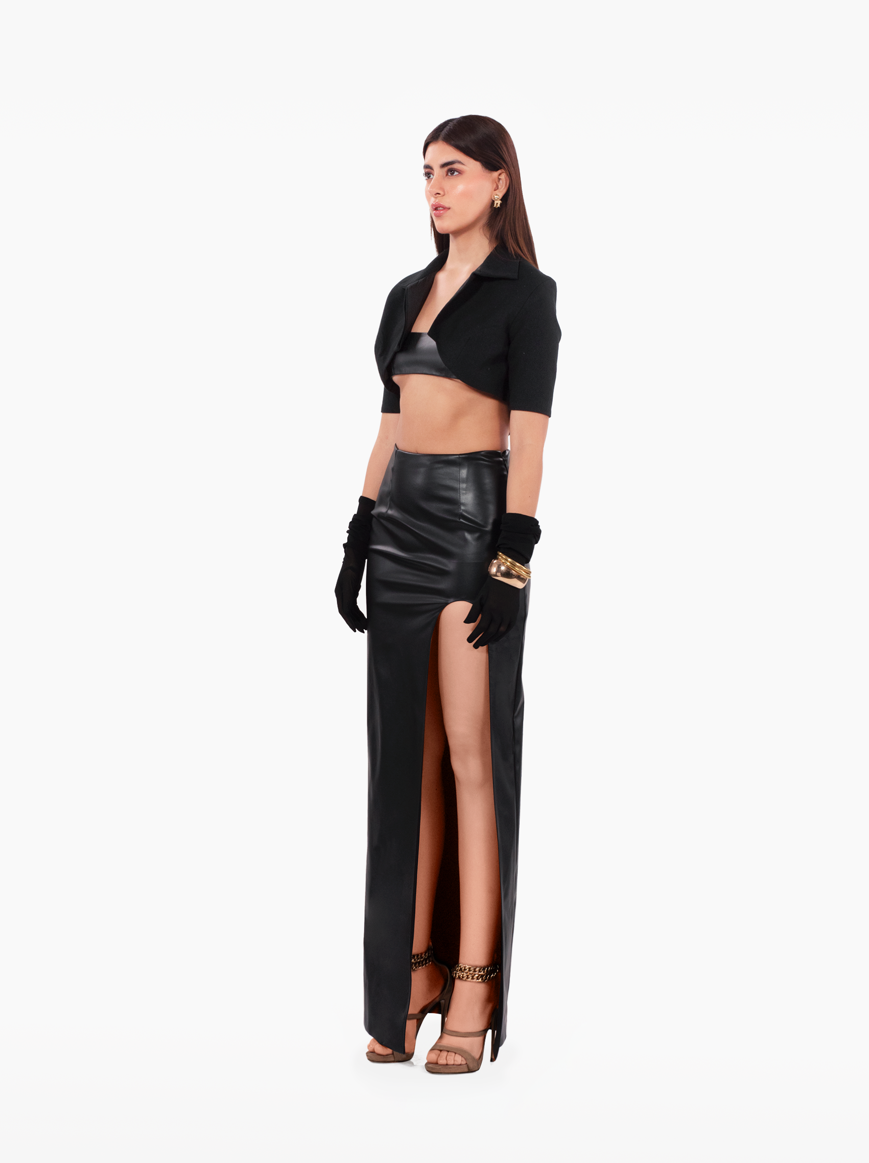 told you so jacket - a black cropped woolen jacket with shoulder pads notch lapel collar, gold buttons at the front, black bolero by SOLÉITE
