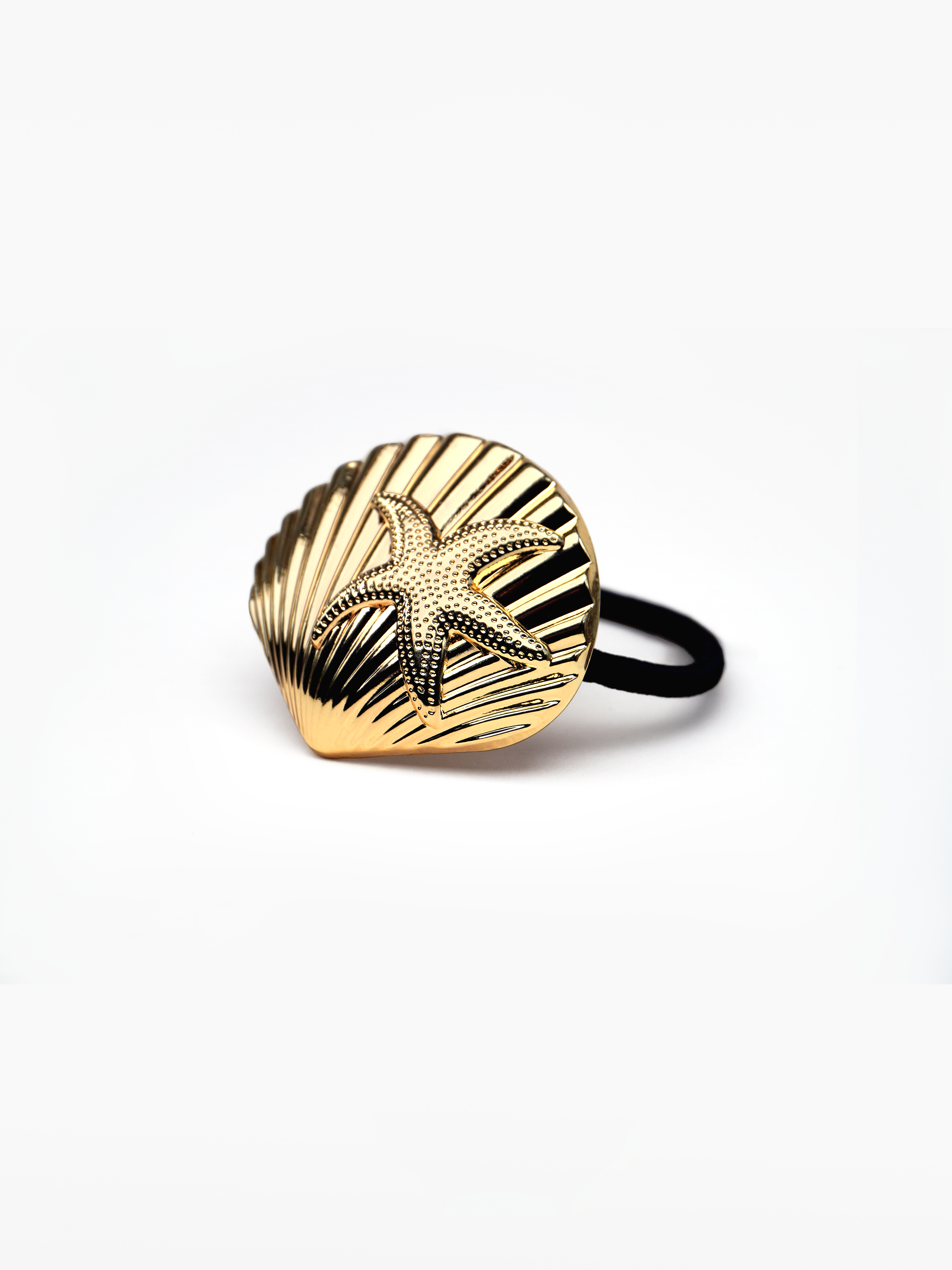 Marina Hair Tie - statement rubberband with gold shell accent. statement metal hair tie with starfish detailing, elevate basic looks, vacation, gold glossy pony cuff, ponytail holder, gold detail hair elastic by SOLÉITE

