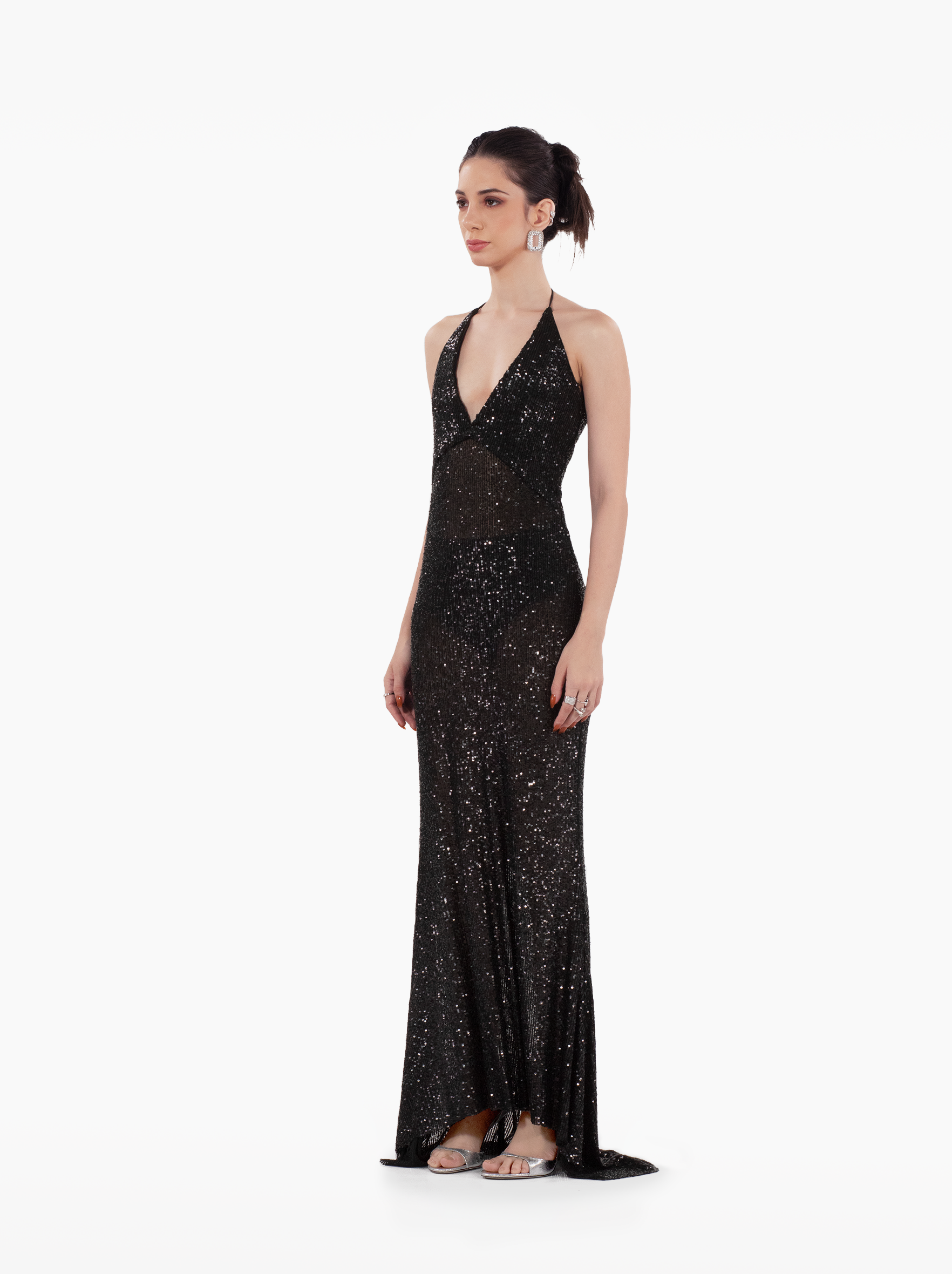 don't take it personal dress - black sequin backless maxi dress, glitter dress ideal for parties, evening wear, plunging neckline by SOLÉITE