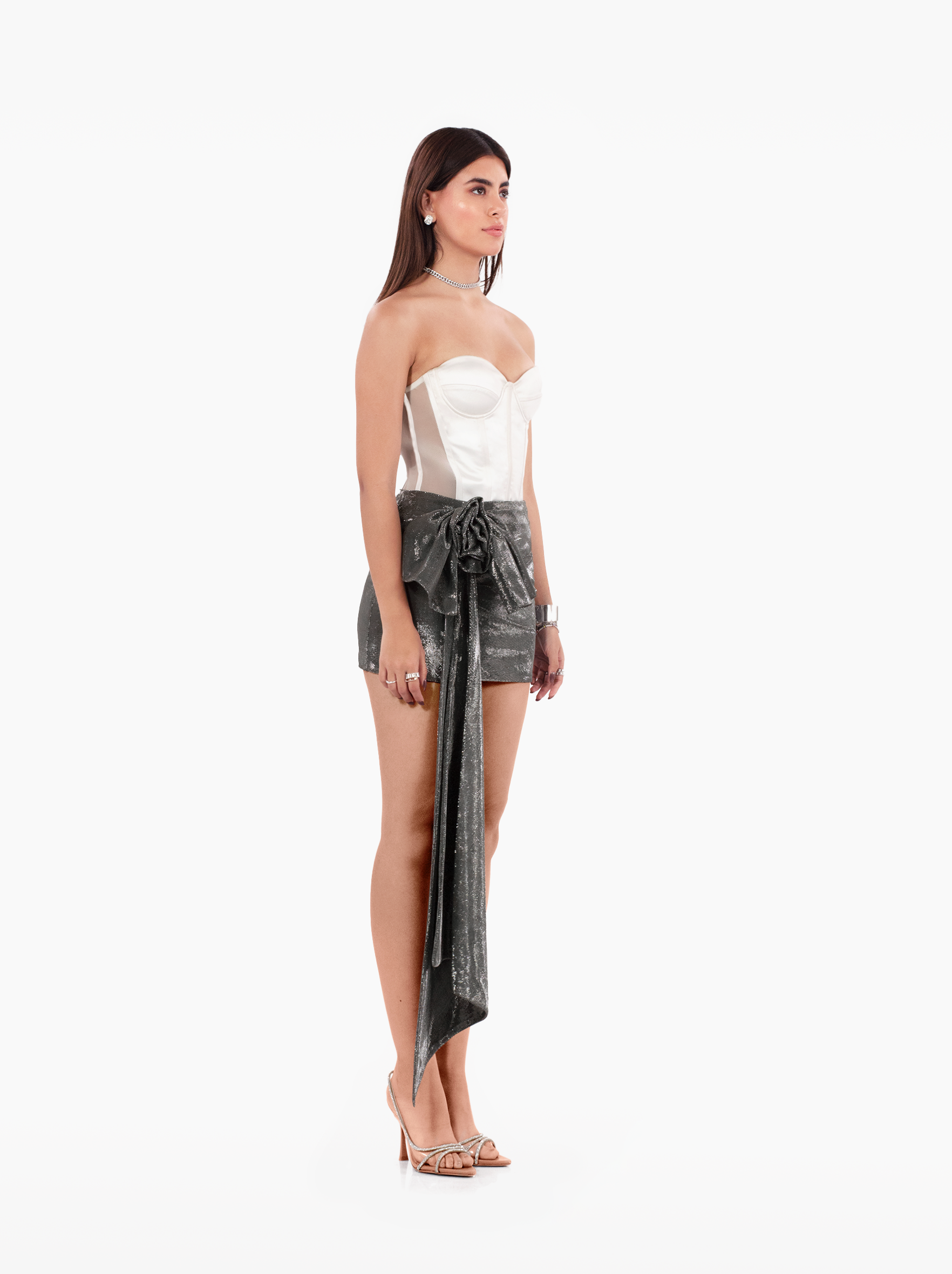 blinding lights skirt - silver grey black glitter shimmer party mini skirt with rose detailing and sash by SOLÉITE