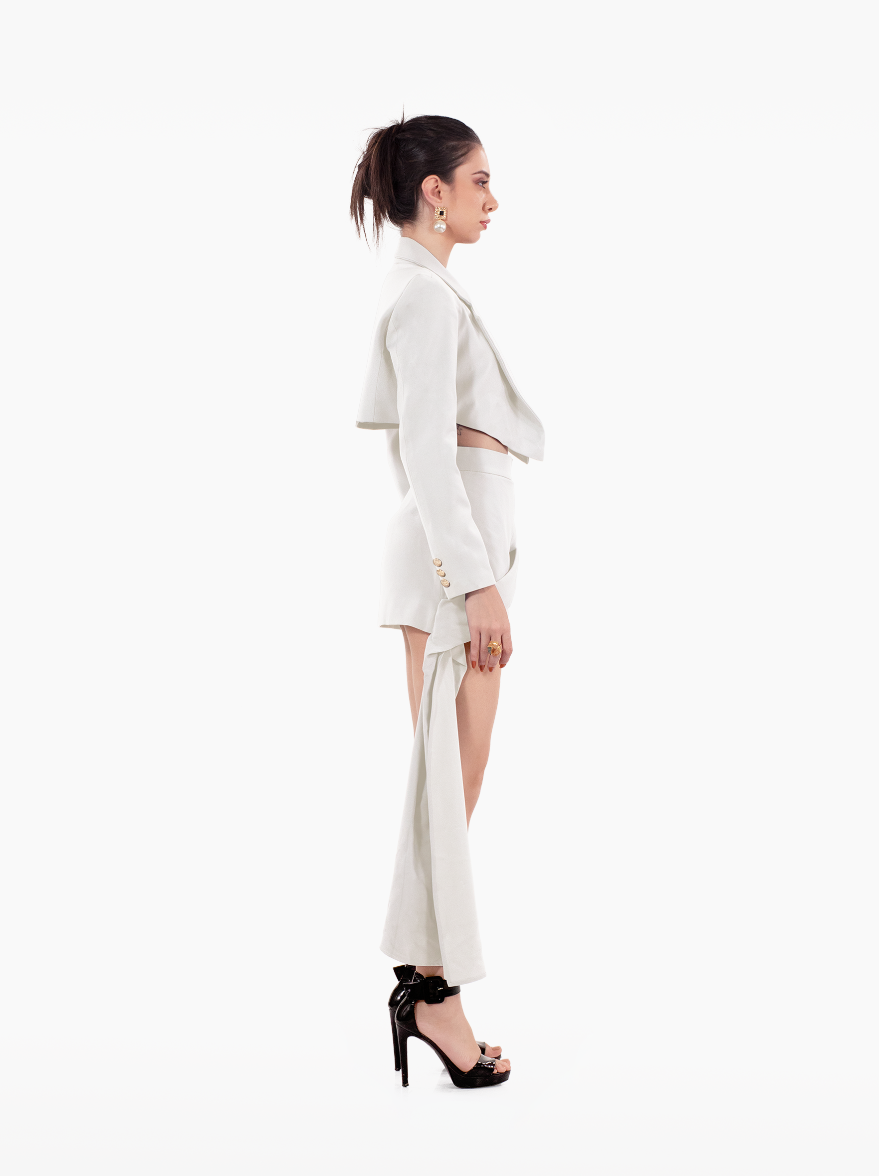Nobody's Business Blazer - white cropped jacket with shoulder pads, notch lapel collar, gold buttons at the front and cuffs, formal jacket by SOLÉITE
