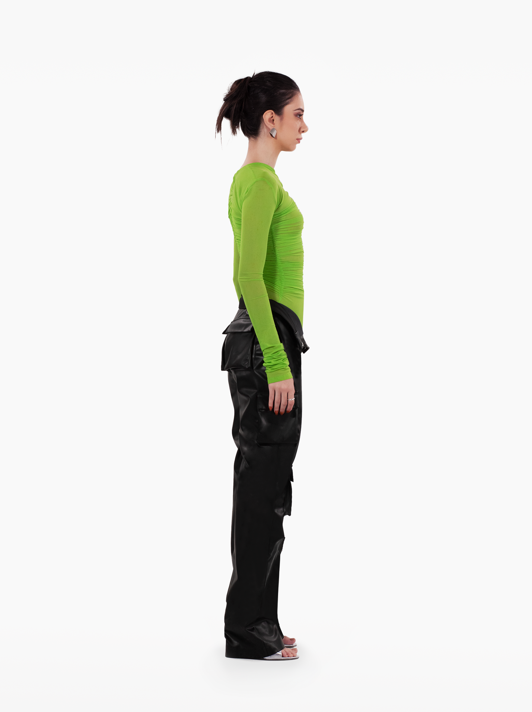 streets bodysuit - ruched green top with gathers, full sleeve sheer bodysuit, streetwear, fashion by SOLÉITE