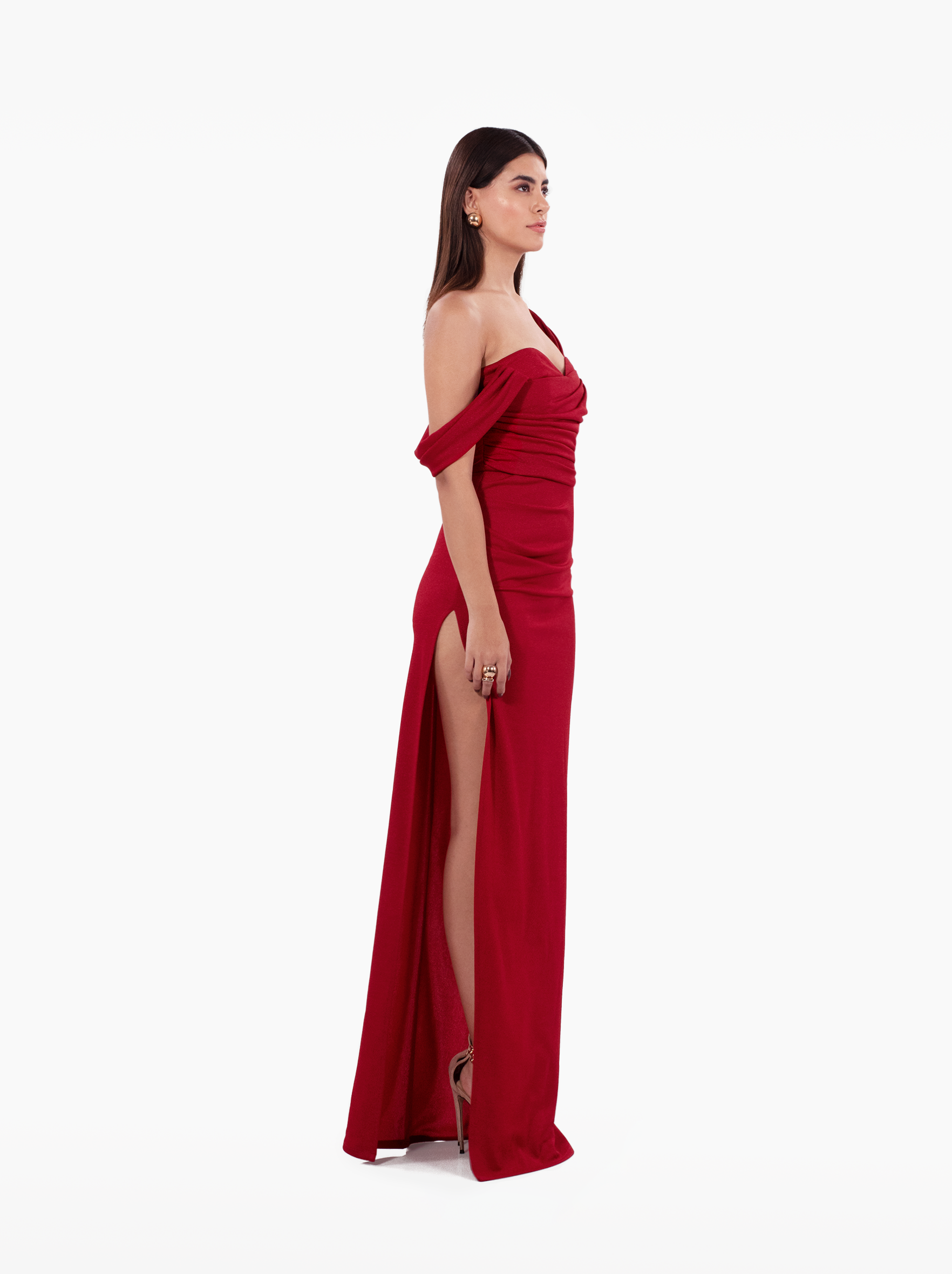Bloody Mary Bustier Gown - deep red maroon corset maxi dress with asymmetric neckline, gathers and side slit by SOLÉITE