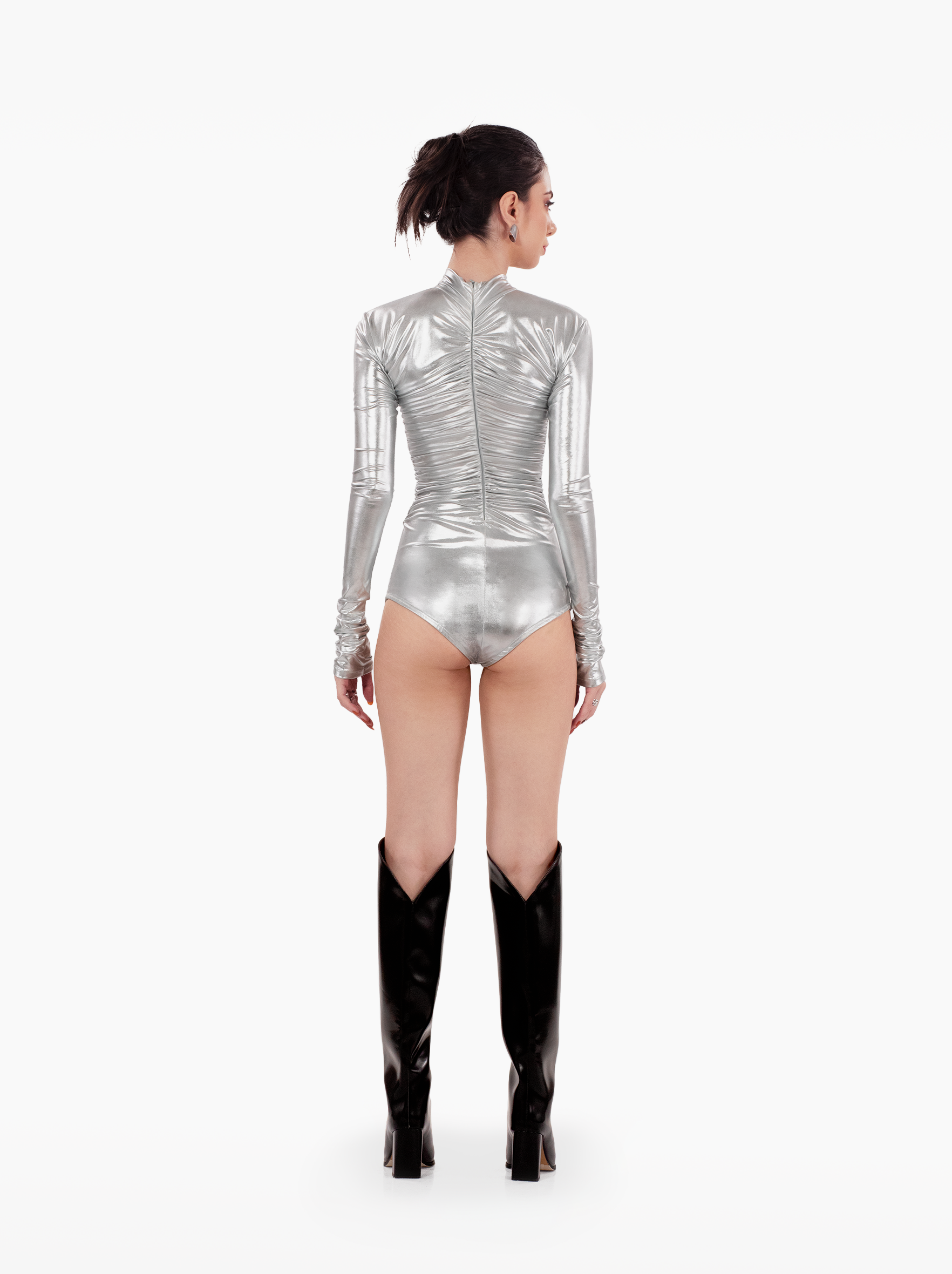 electric love bodysuit - ruched silver top with gathers, full sleeve metallic bodysuit, party, fashion top by SOLÉITE