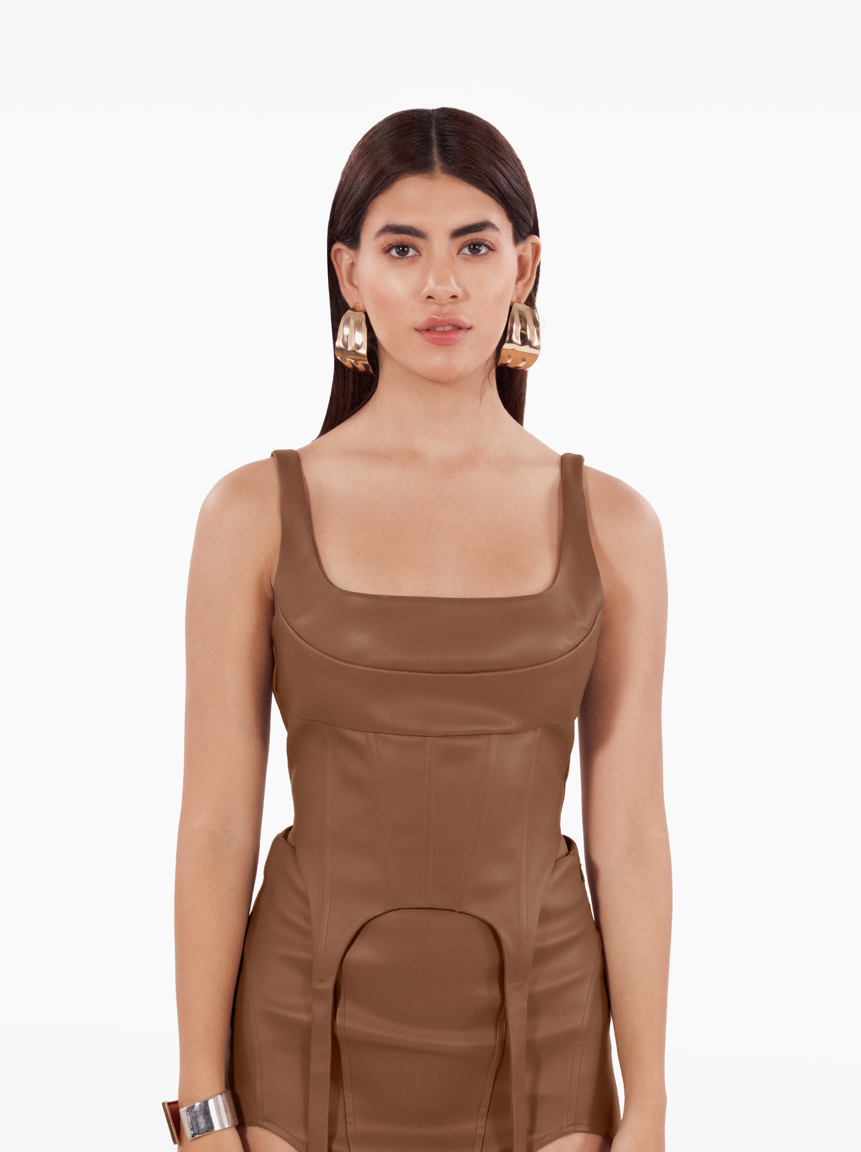 Build a Bitch Corset - brown faux leather bustier top with panels and suspenders by SOLÉITE