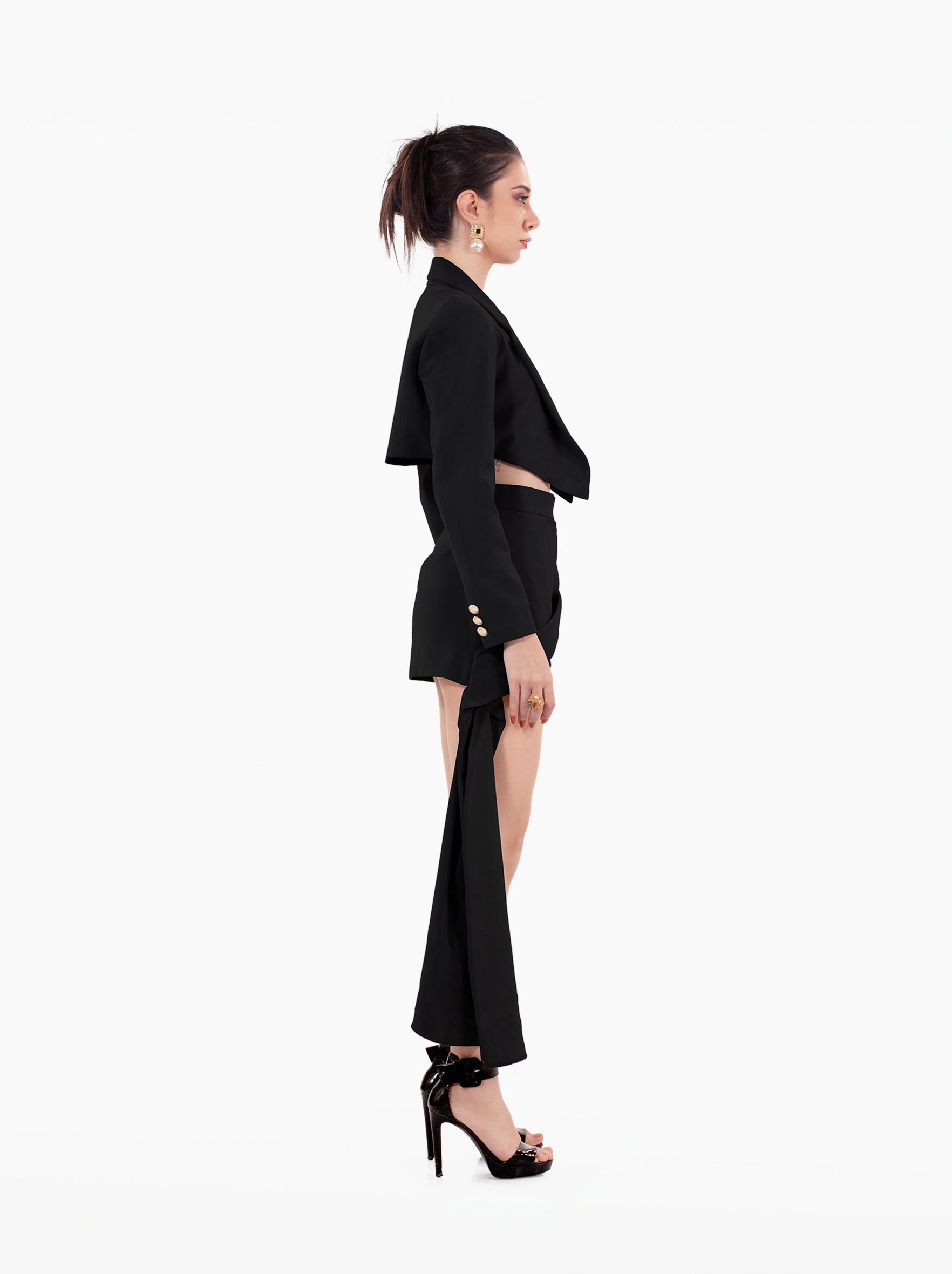 Nobody's Business Blazer - grey cropped jacket with shoulder pads, notch lapel collar, gold buttons at the front and cuffs, formal jacket by SOLÉITE