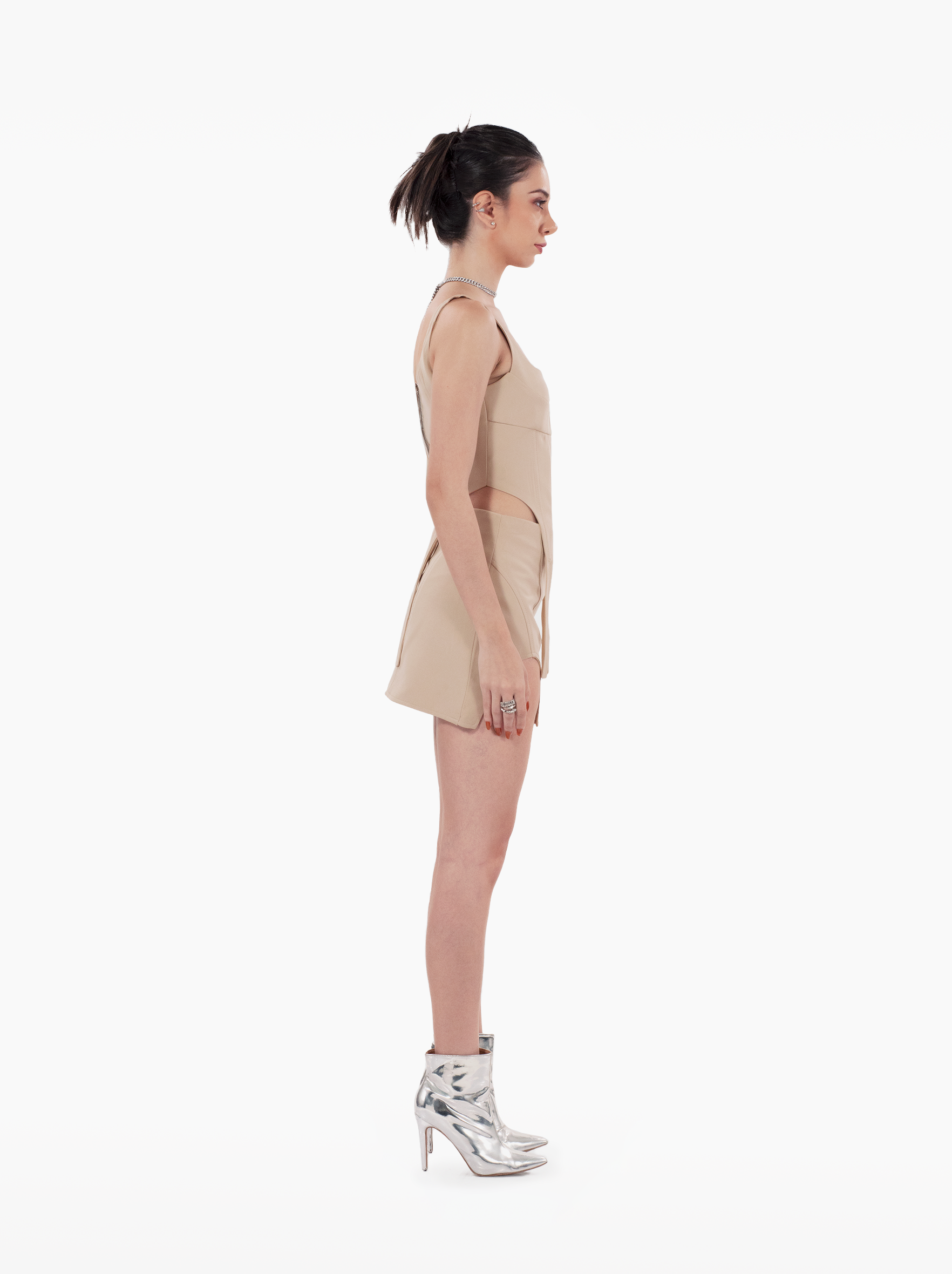 build a bitch skirt - beige u-cut streetwear skirt with panels and asymmetric hem by SOLÉITE