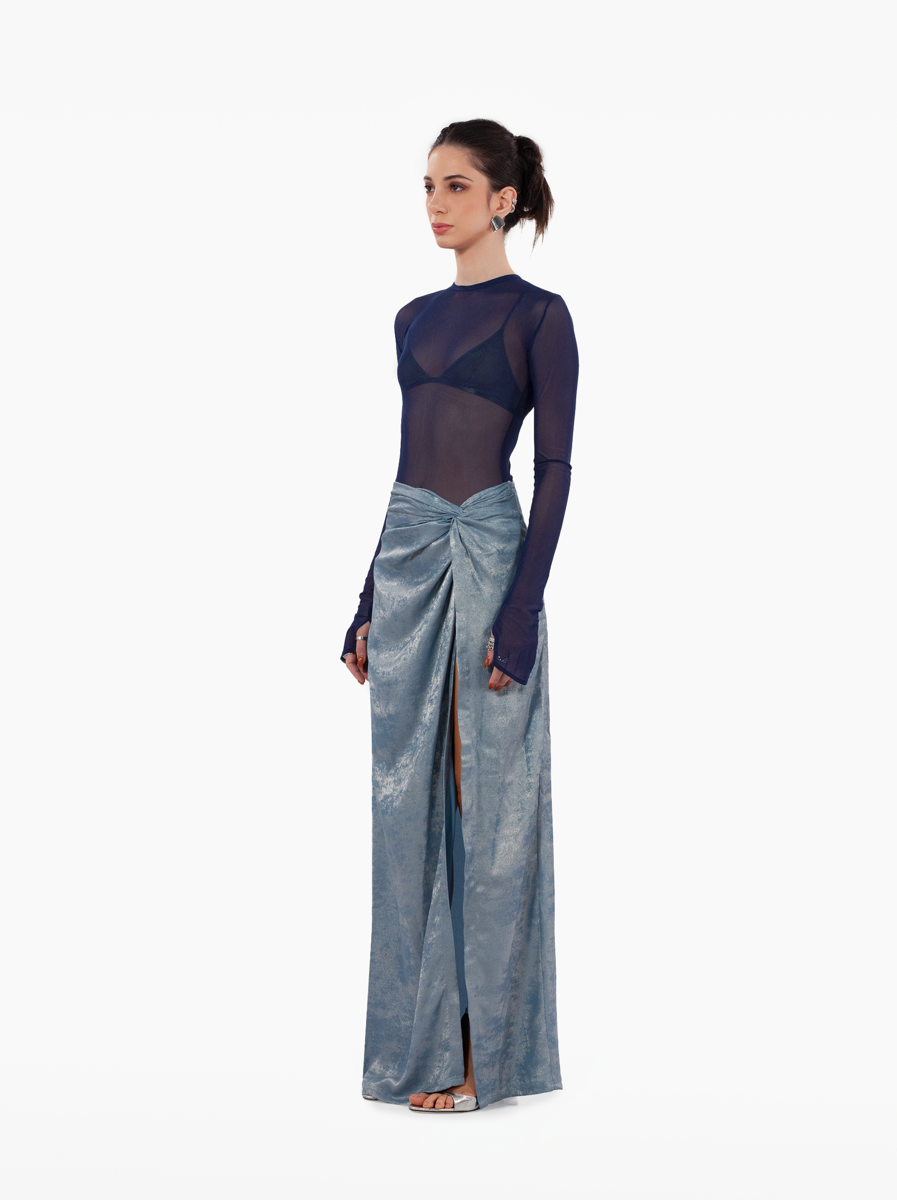 water skirt - blue mid-waist skirt draped on the hips giving way to a leg slit. lightweight, textured fabric, beach coverup, vacation outfit, sarong style skirt by SOLÉITE