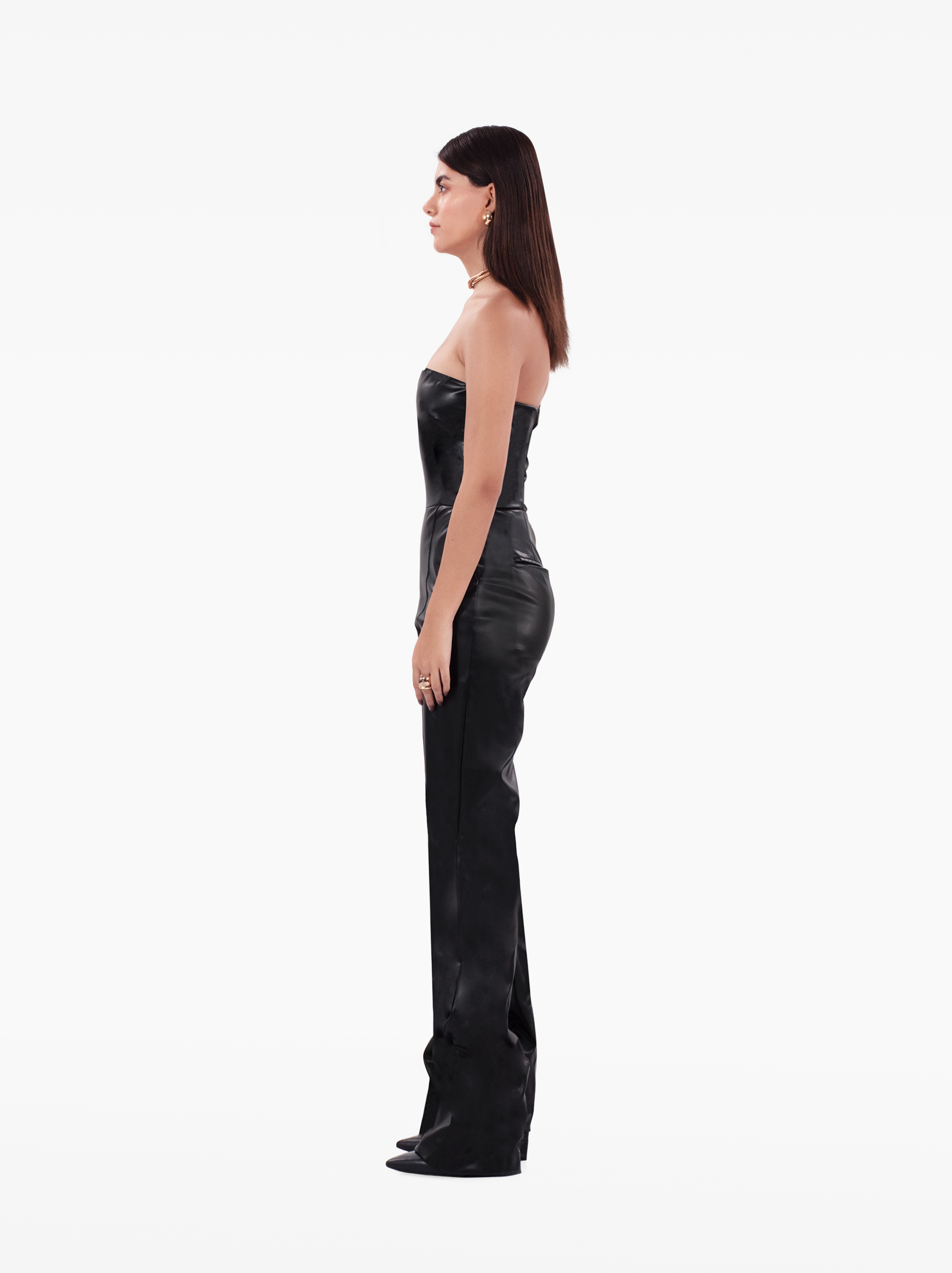 talk that talk jumpsuit - black faux leather jumpsuit with side pockets, cinched waist, strapless bandeau jumpsuit by SOLÉITE