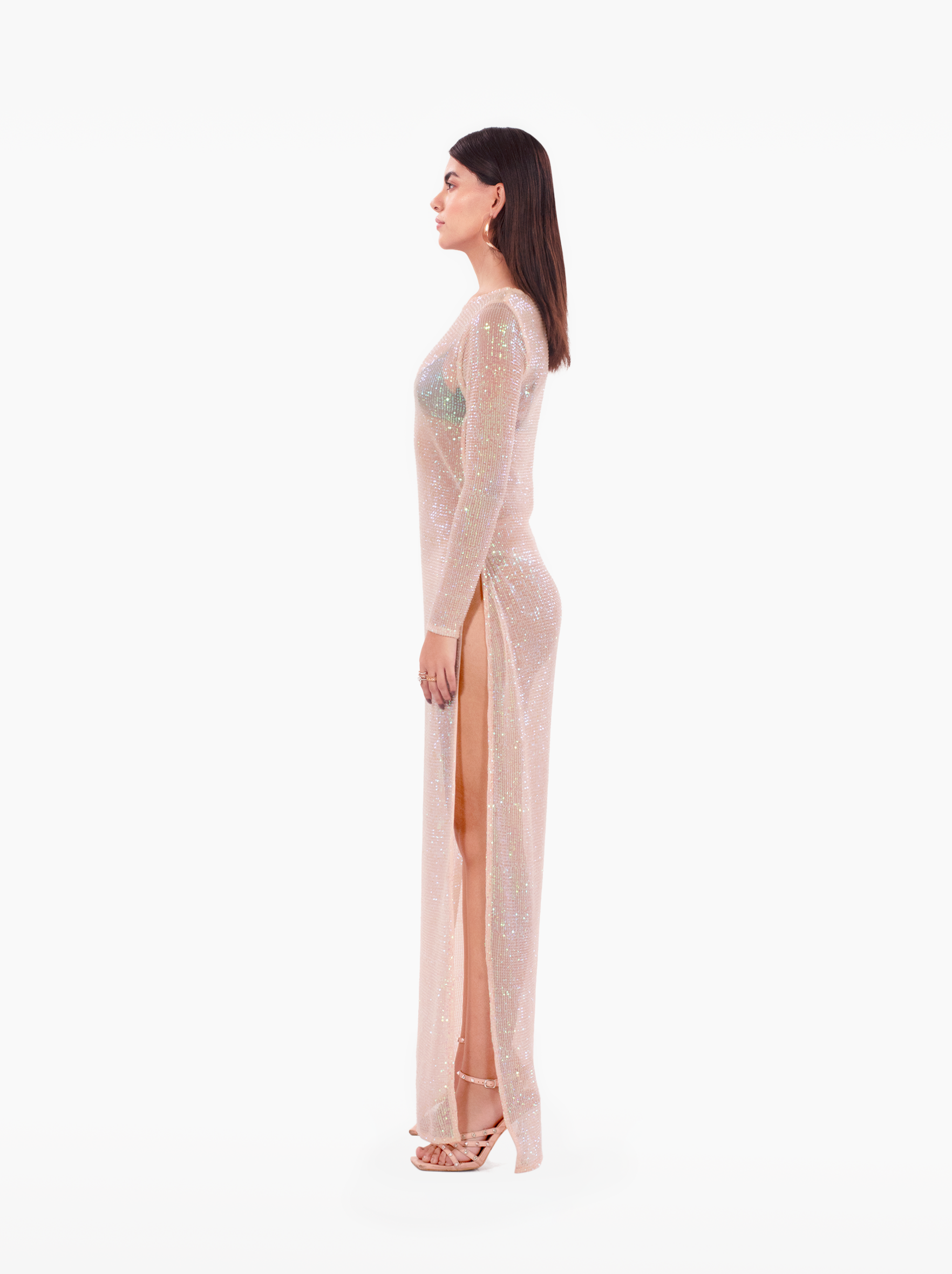kiss me more dress - pink glitter sparkly shimmer sequin long sleeve maxi dress with side slit, sheer dress for vacation, beach coverup, birthday, event, party, statement piece by SOLÉITE
