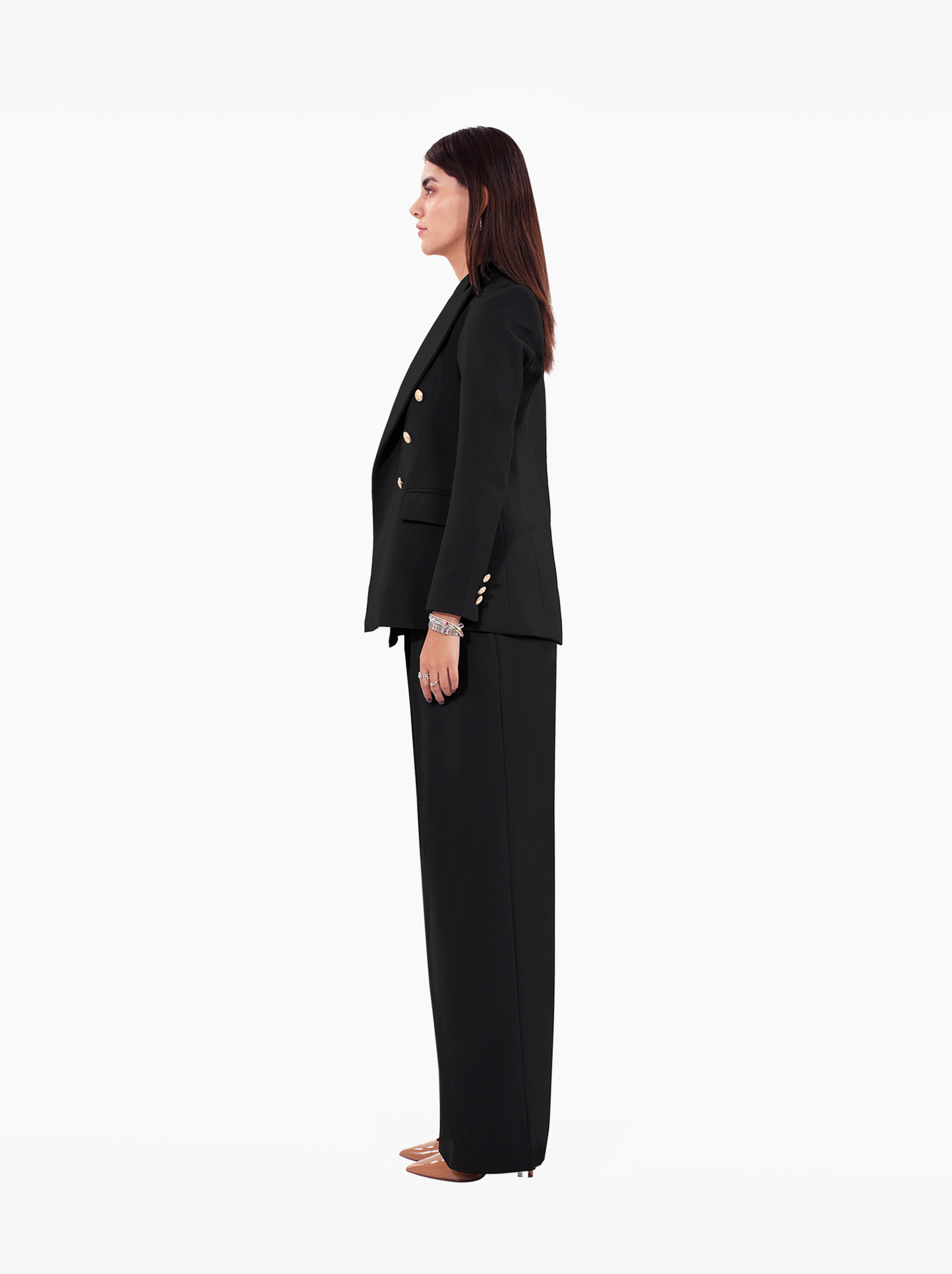 Millions Blazer - black double breasted blazer with shoulder pads, notch lapel collar and two front flap pockets, gold buttons at the front and cuffs by SOLÉITE