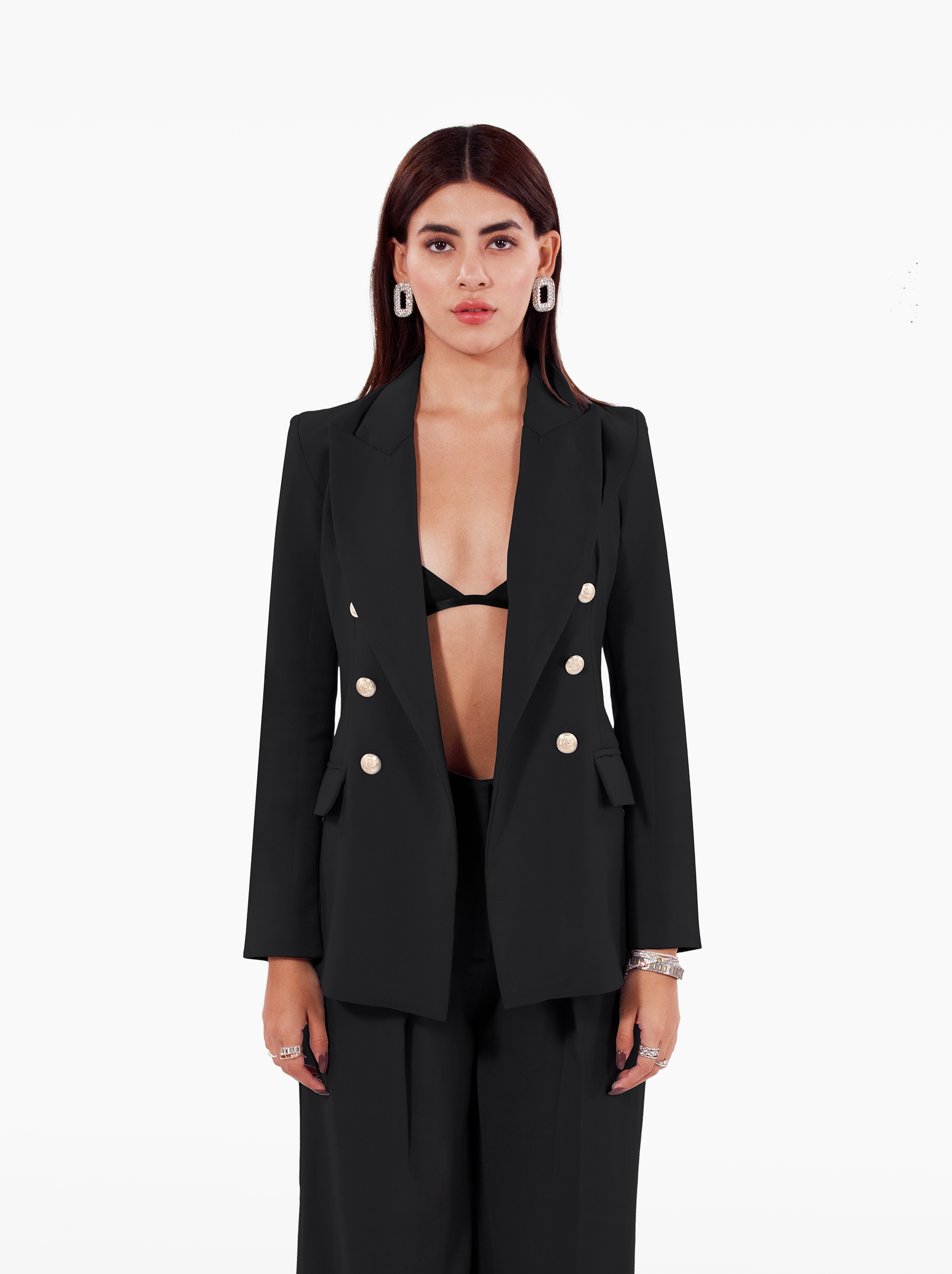 Millions Blazer - black double breasted blazer with shoulder pads, notch lapel collar and two front flap pockets, gold buttons at the front and cuffs by SOLÉITE