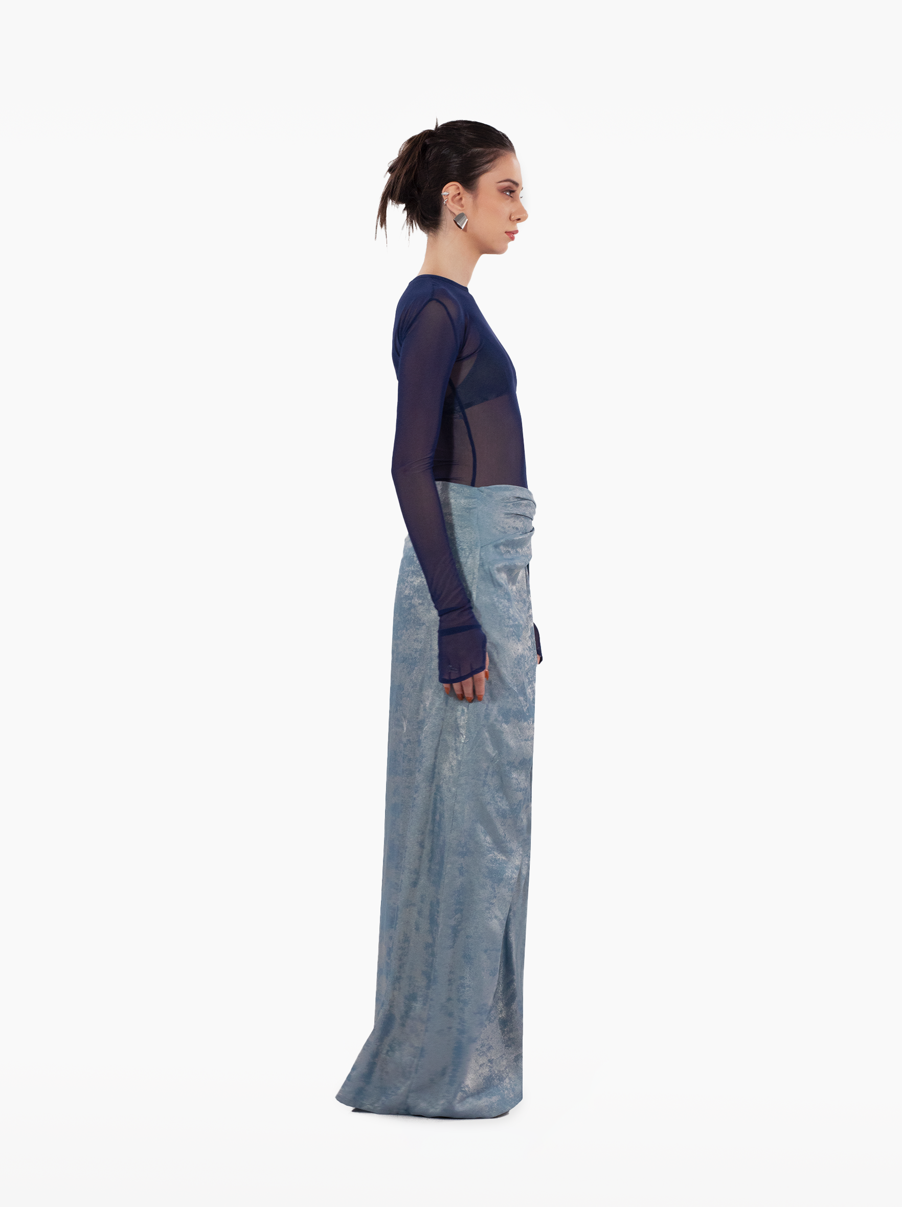water skirt - blue mid-waist skirt draped on the hips giving way to a leg slit. lightweight, textured fabric, beach coverup, vacation outfit, sarong style skirt by SOLÉITE
