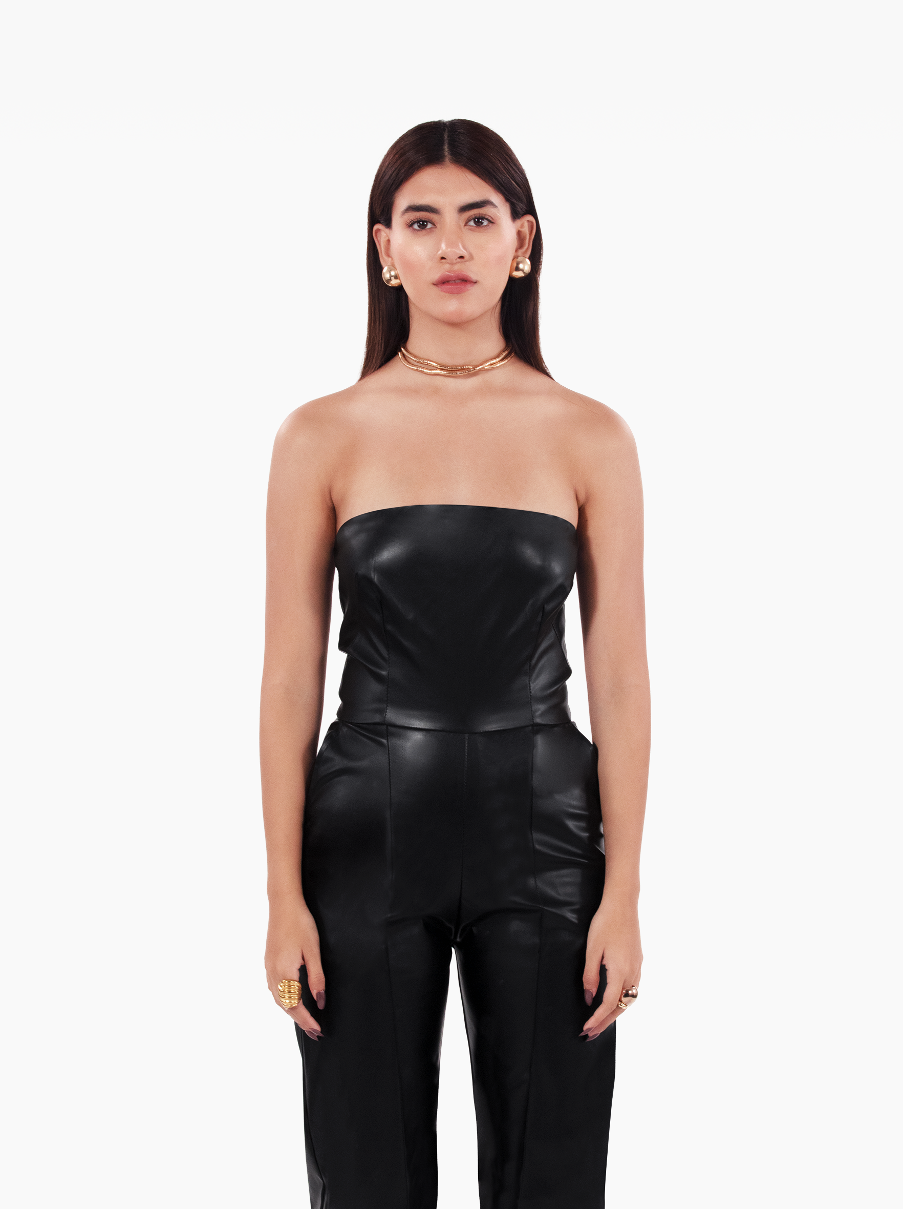 talk that talk jumpsuit - black faux leather jumpsuit with side pockets, cinched waist, strapless bandeau jumpsuit by SOLÉITE