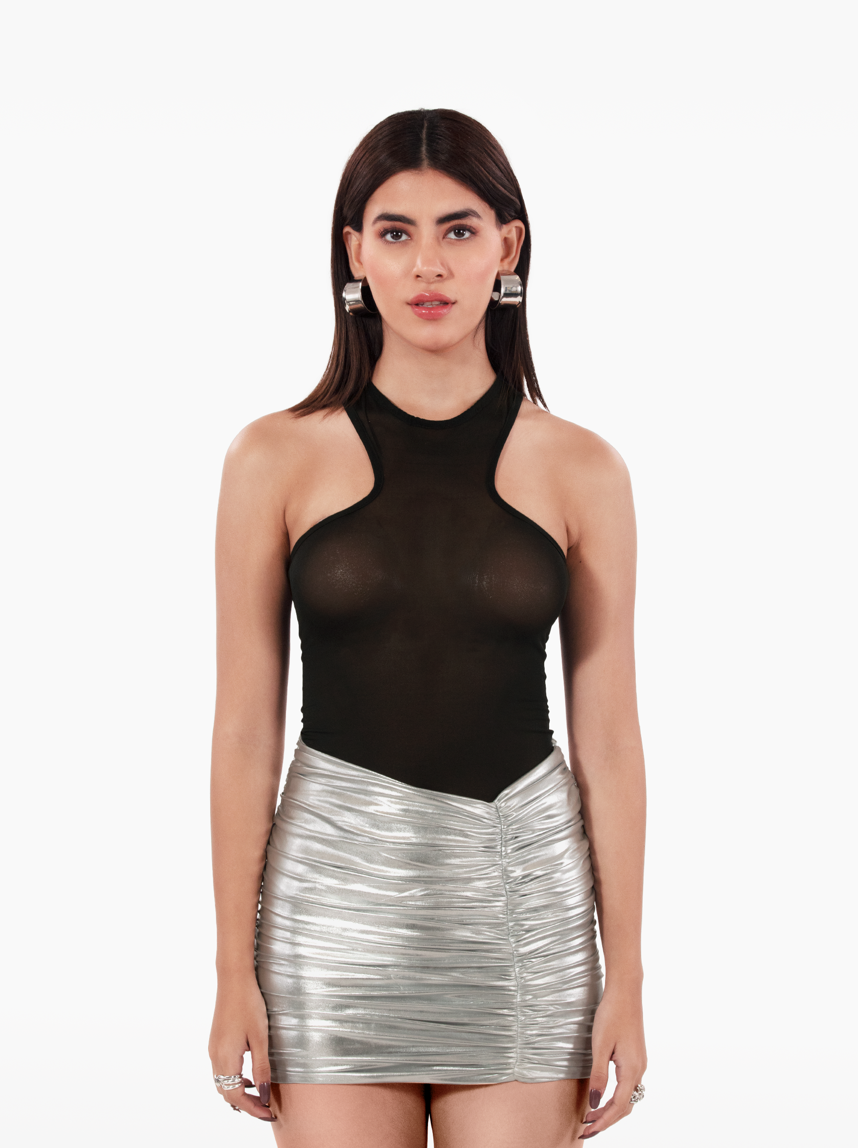 electric love skirt - ruched silver mini skirt with gathers and asymmetric hem, metallic party high waisted skirt by SOLÉITE