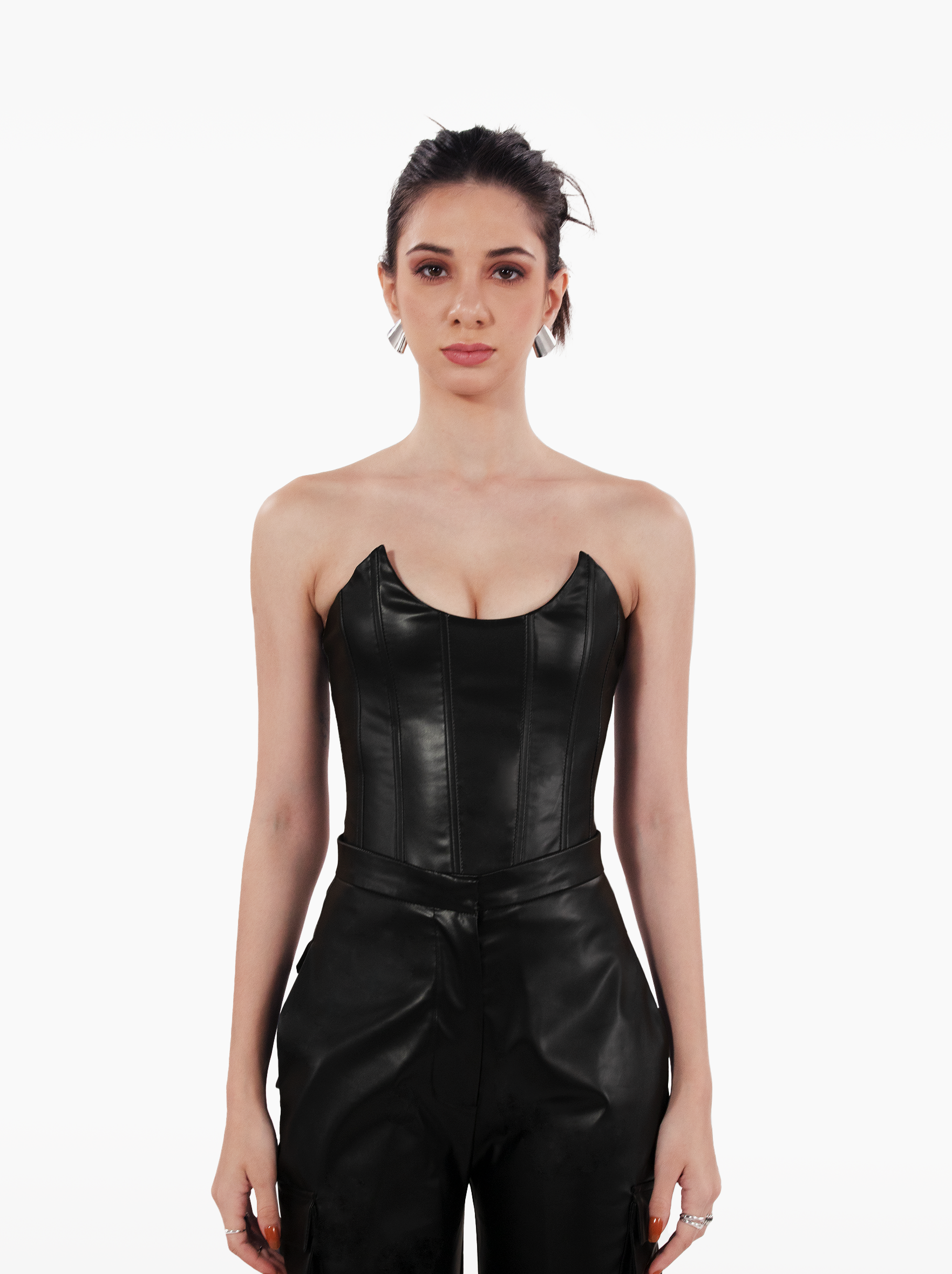 dangerous corset - faux leather bustier top with boning and paneling, glossy leather finish, u-cut neckline by SOLÉITE