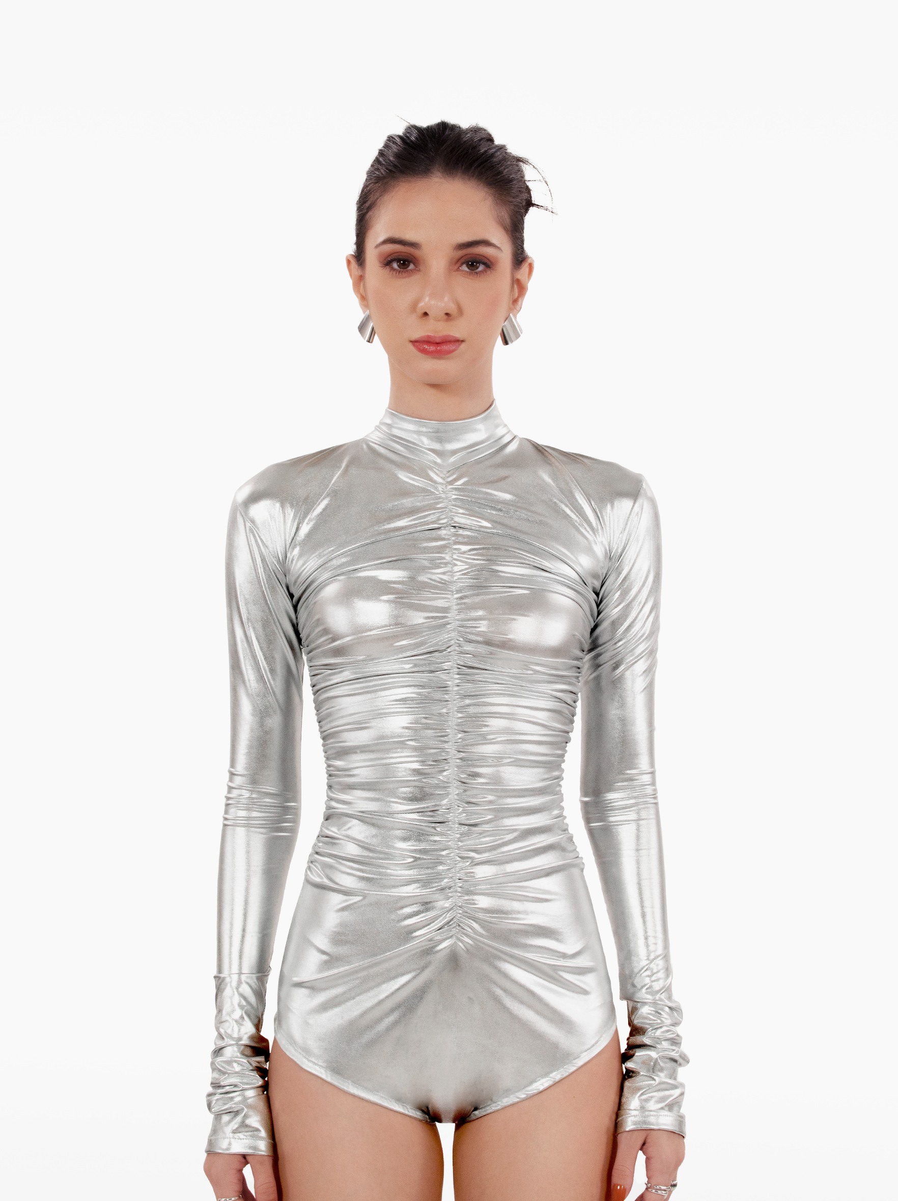 electric love bodysuit - ruched silver top with gathers, full sleeve metallic bodysuit, party, fashion top by SOLÉITE