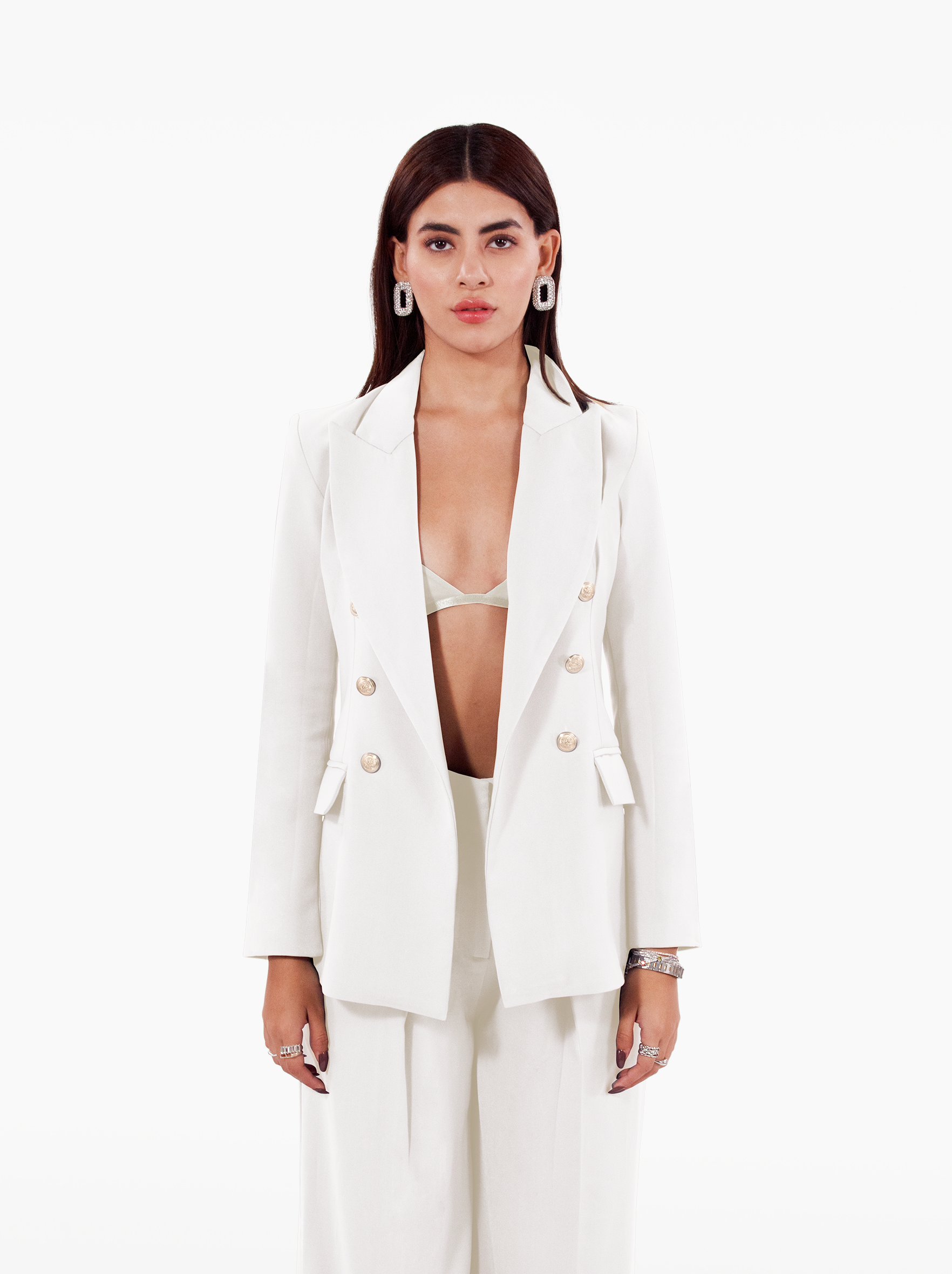 Millions Blazer - grey double breasted blazer with shoulder pads, notch lapel collar and two front flap pockets, gold buttons at the front and cuffs by SOLÉITE