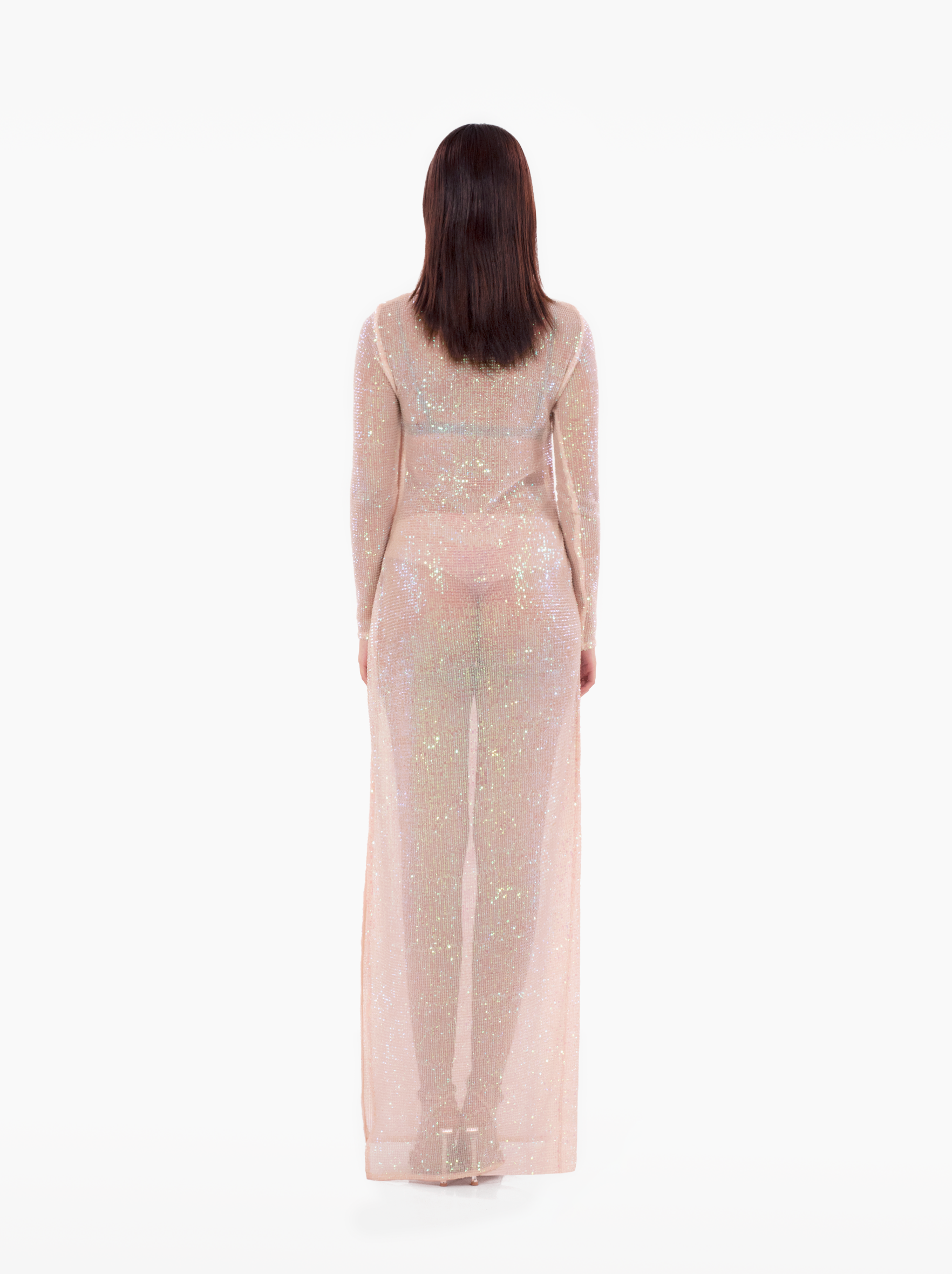 kiss me more dress - pink glitter sparkly shimmer sequin long sleeve maxi dress with side slit, sheer dress for vacation, beach coverup, birthday, event, party, statement piece by SOLÉITE