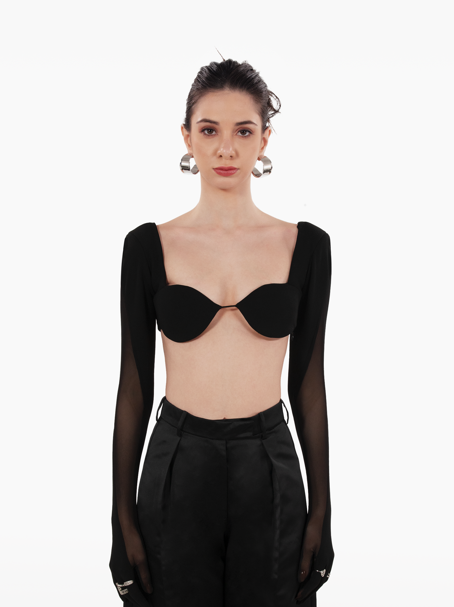dark paradise top - black underboob full sleeve glove crop top, with rounded cups and shoulder pads ideal for vacation by SOLÉITE