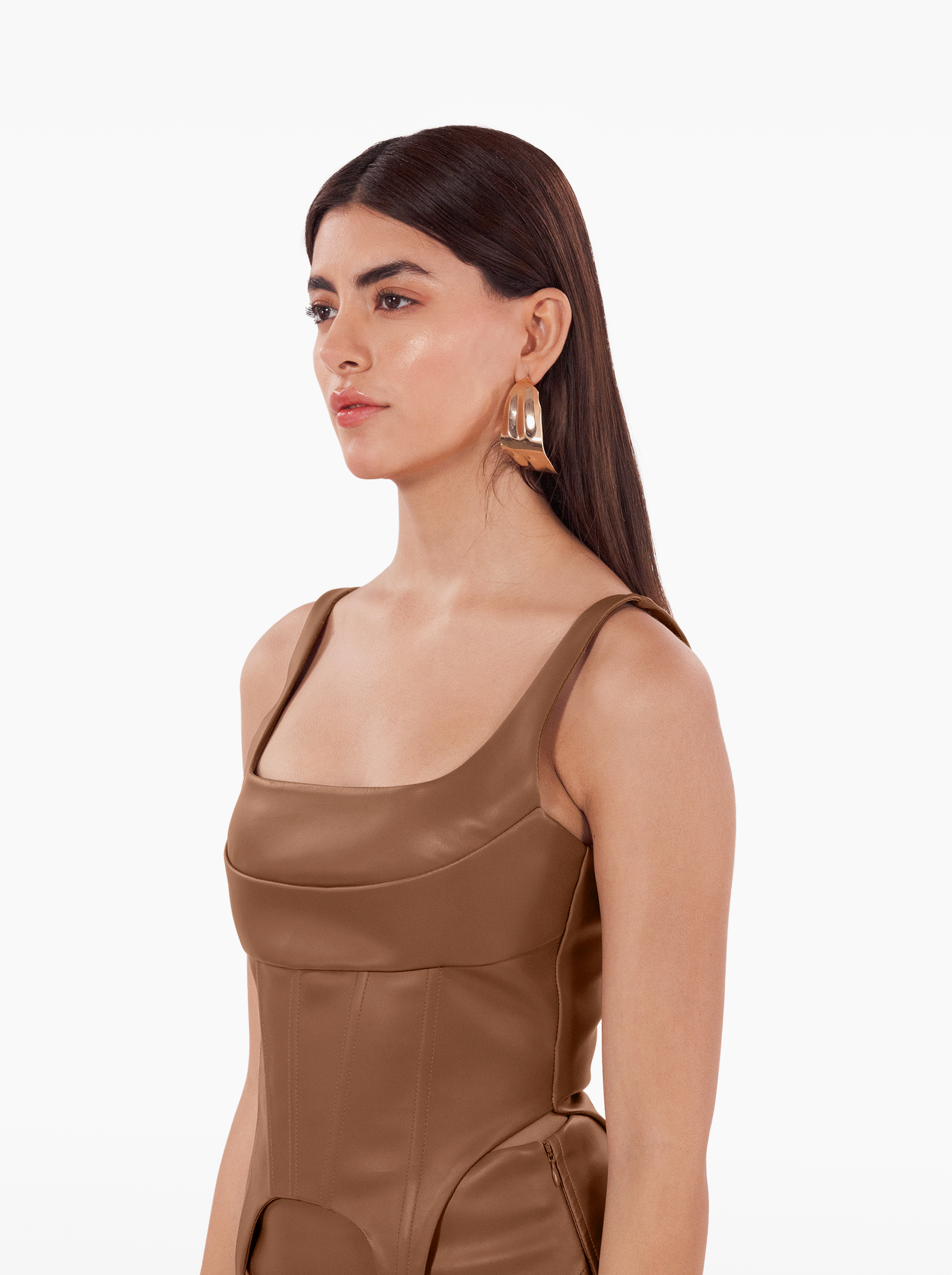 Build a Bitch Corset - brown faux leather bustier top with panels and suspenders by SOLÉITE