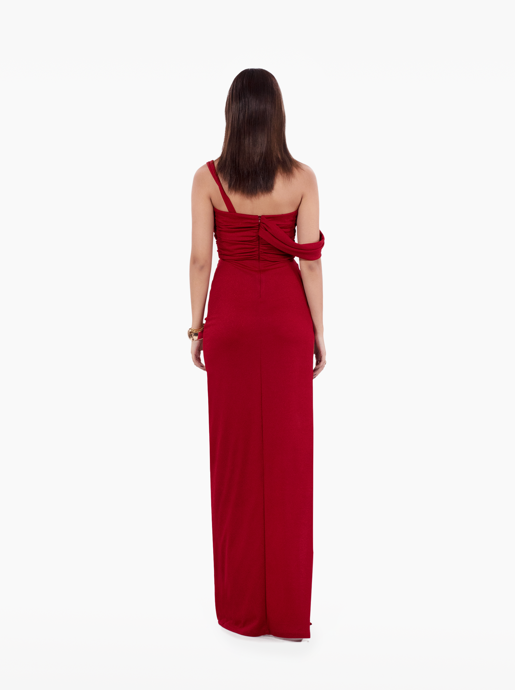 Bloody Mary Bustier Gown - deep red maroon corset maxi dress with asymmetric neckline, gathers and side slit by SOLÉITE