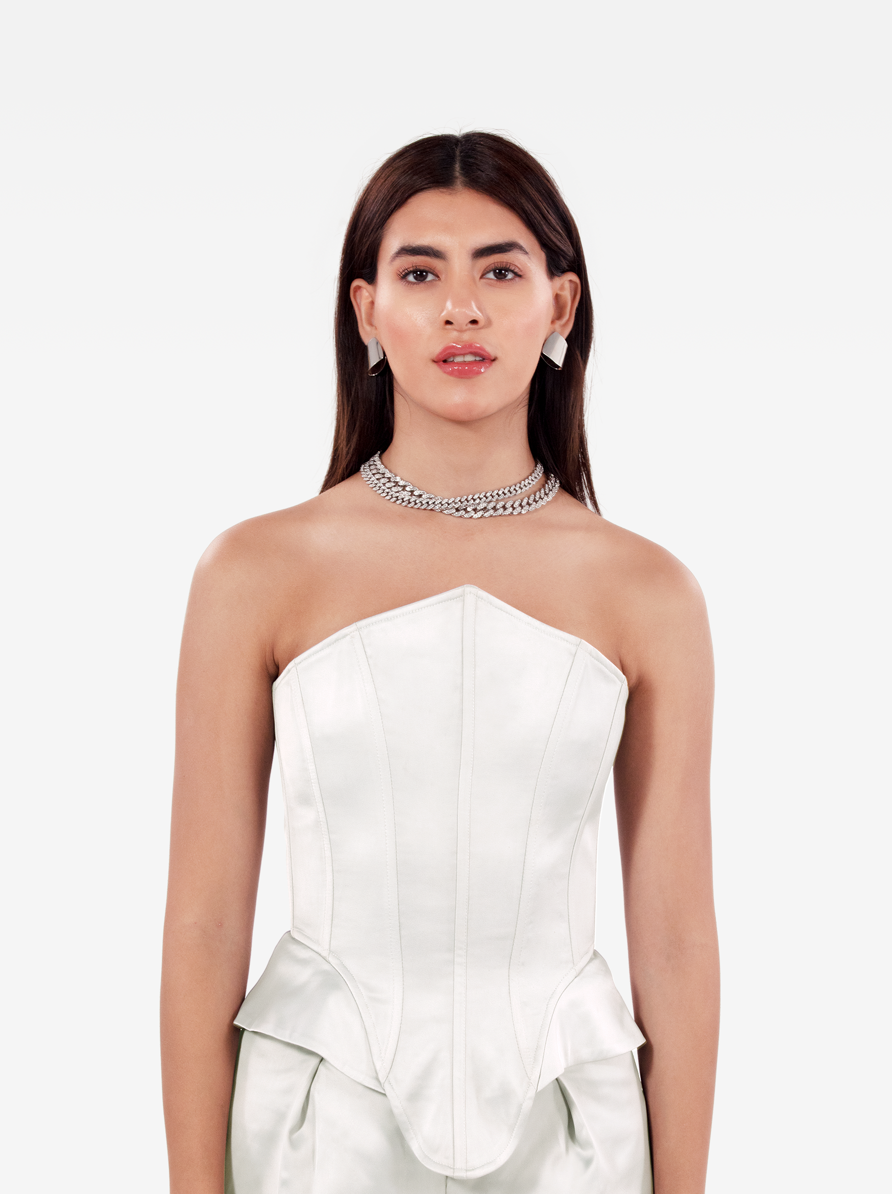 instant crush corset - white satin asymmetric bustier top with a strapless design and structured boning, birthday, party, dinner, date outfit - SOLÉITE