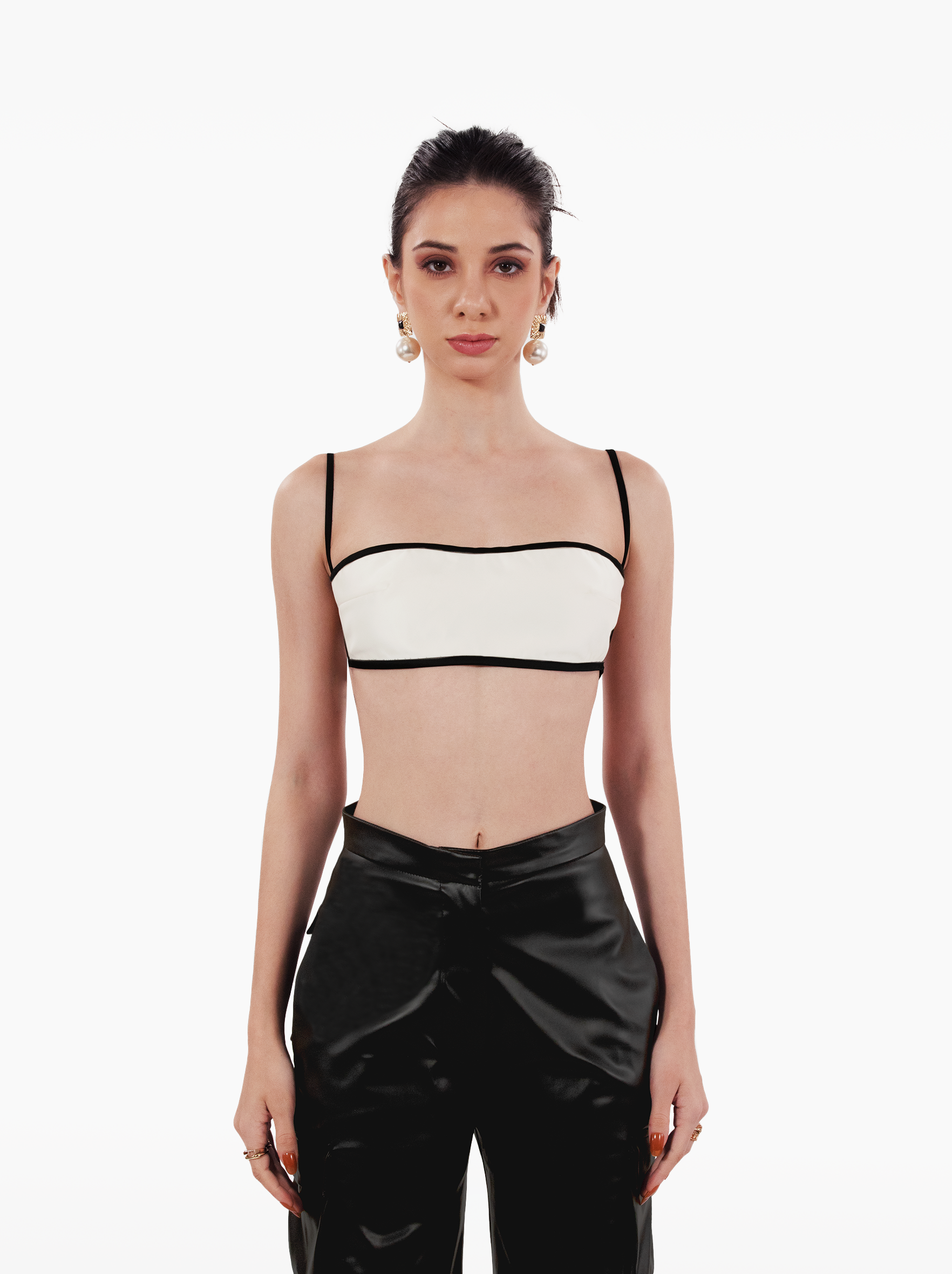 speed drive bandeau - white satin bandeau with black piping, darts and buckle fastening, vacation top, wardrobe classics, staple - SOLÉITE