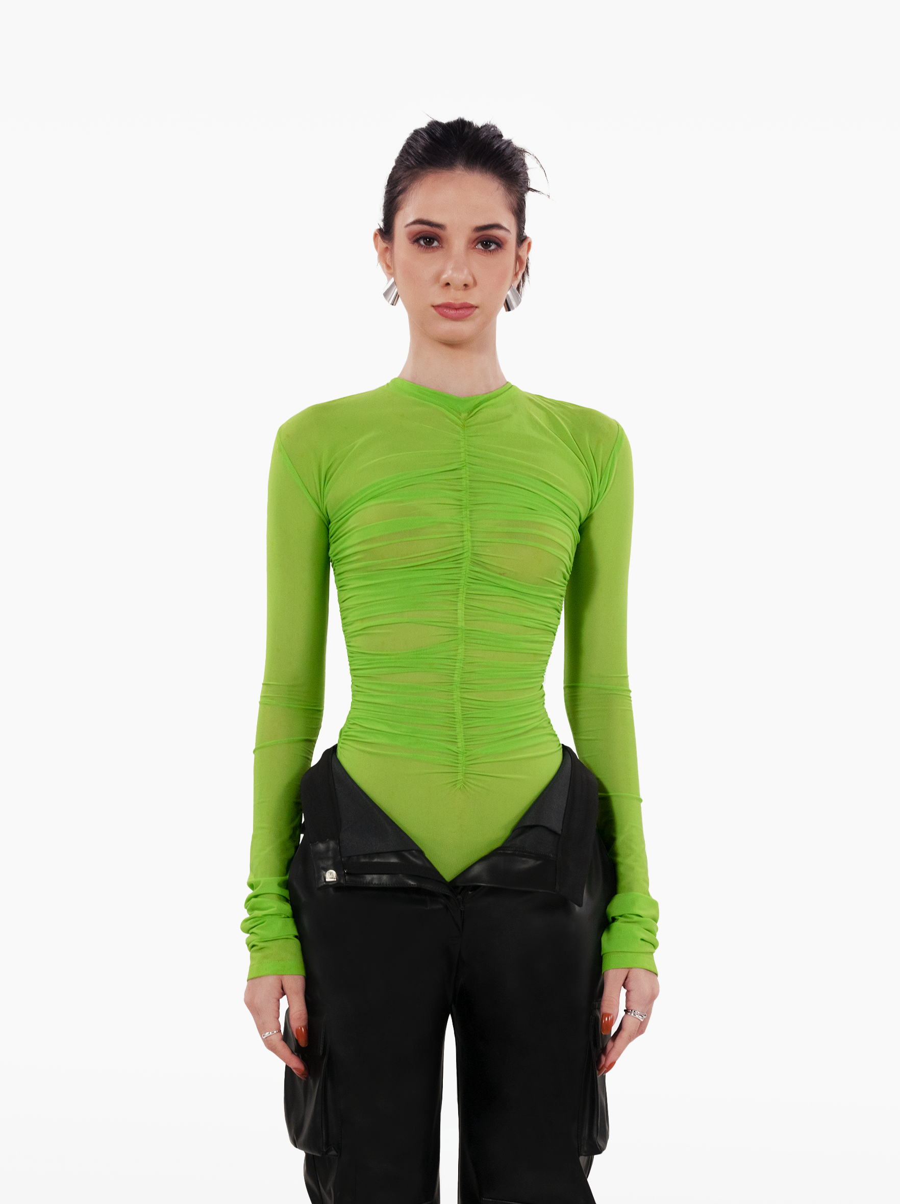streets bodysuit - ruched green top with gathers, full sleeve sheer bodysuit, streetwear, fashion by SOLÉITE