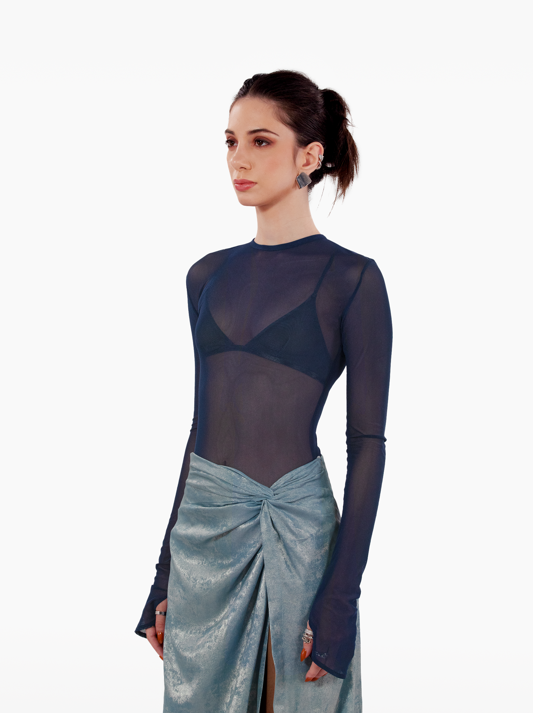 bali bodysuit - blue sheer bodysuit with thumbholes and back zip by SOLÉITE